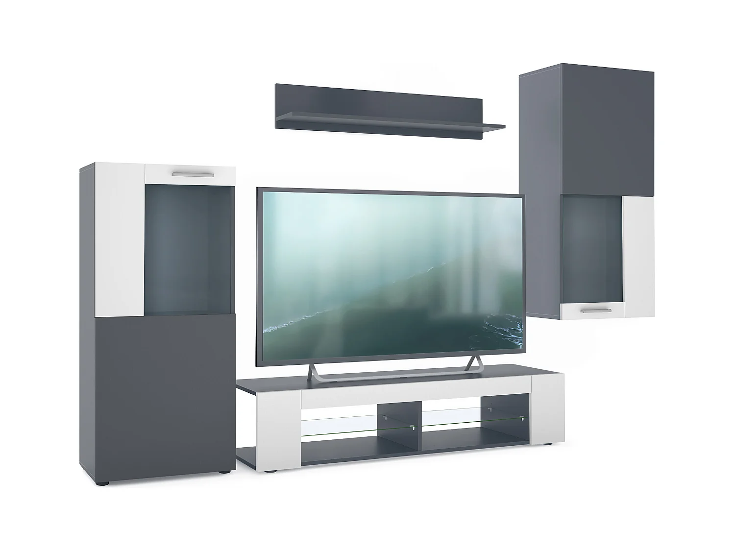 Ensemble mural Stream, meuble mural composé de 1 meuble TV, 2 vitrines et 1 étagère, anthracite mat/blanc mat (Total: 305,5 x 190 x 38,5 cm)