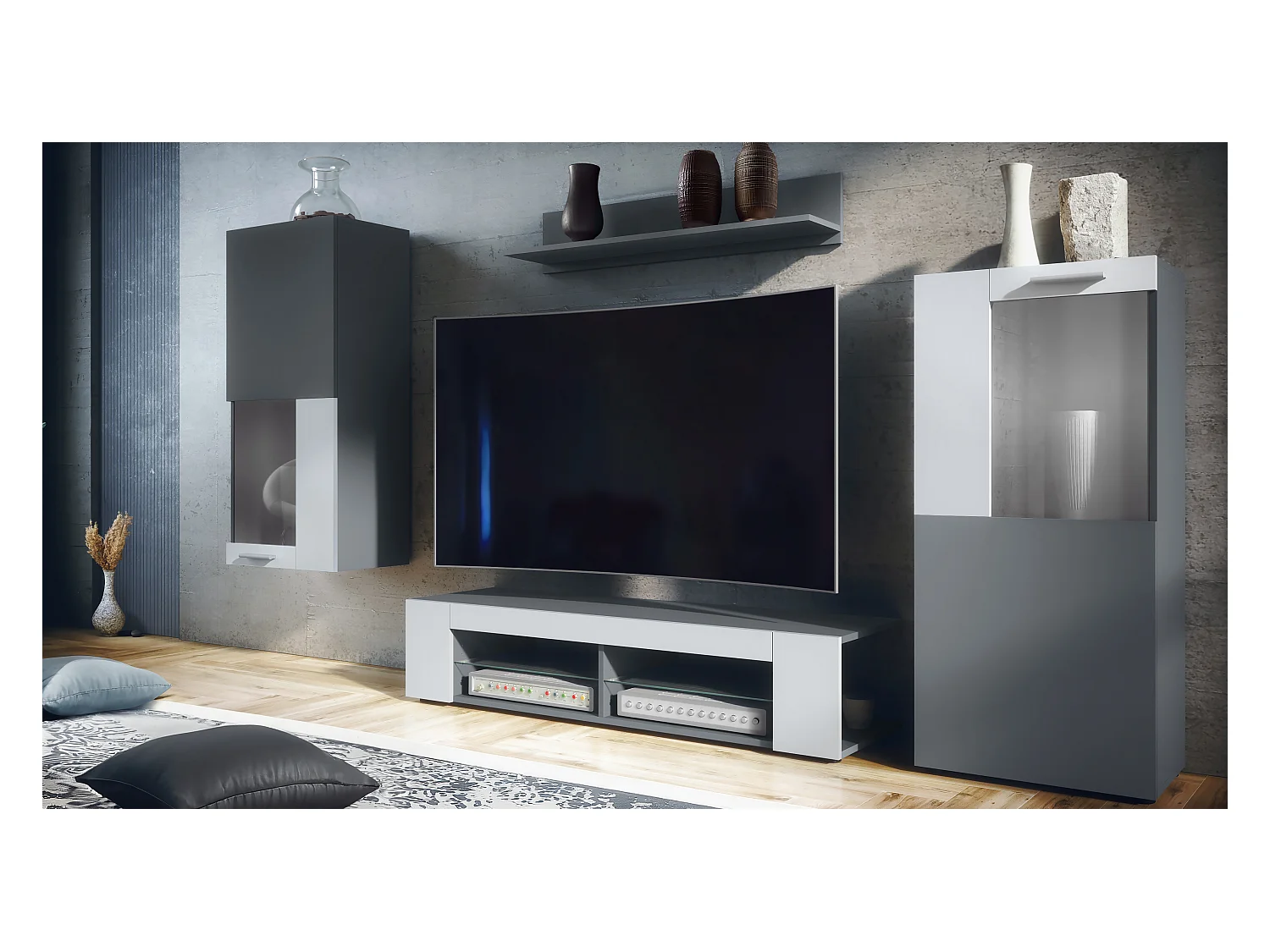 Ensemble mural Stream, meuble mural composé de 1 meuble TV, 2 vitrines et 1 étagère, anthracite mat/blanc mat (Total: 305,5 x 190 x 38,5 cm)