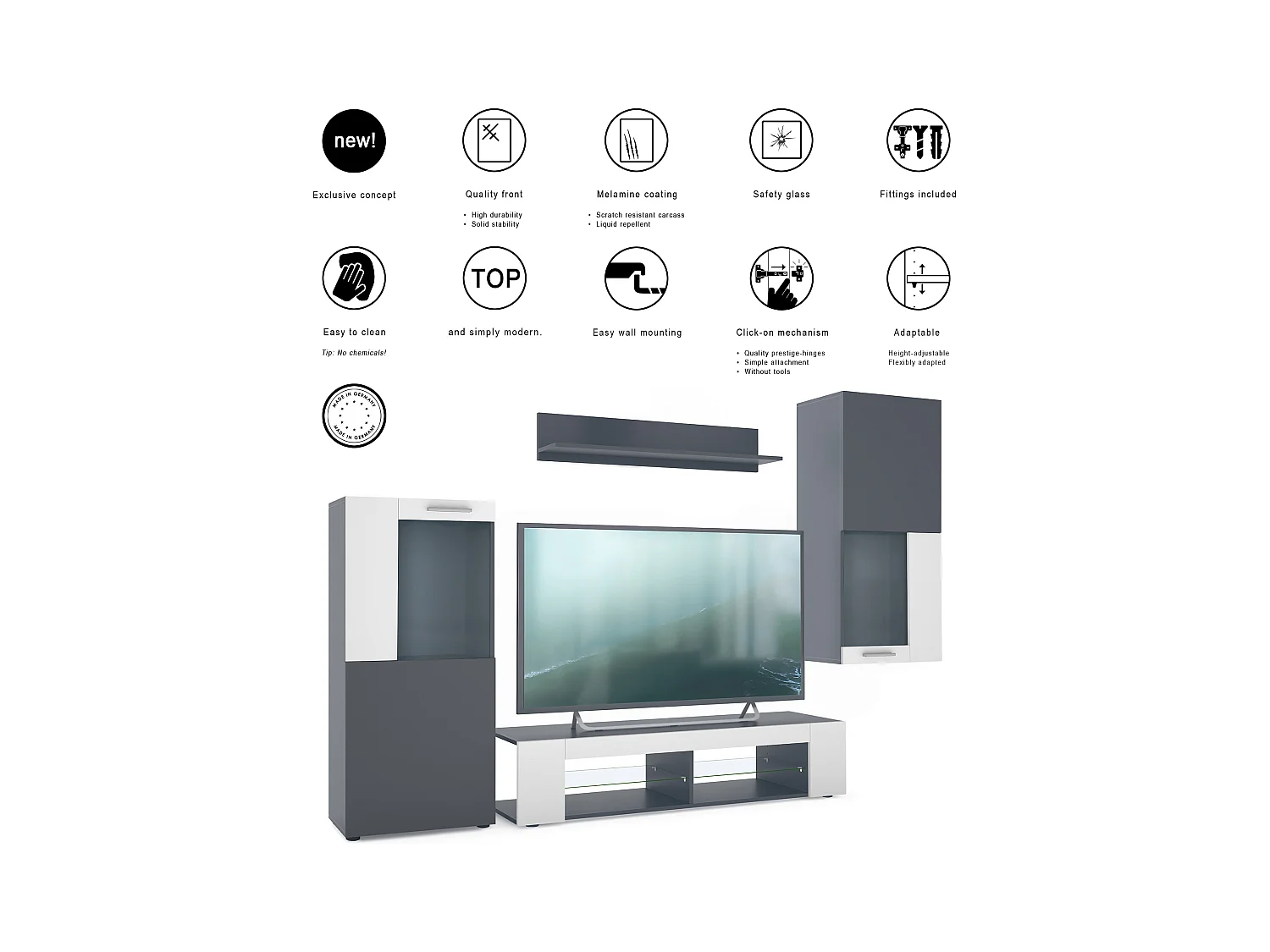 Ensemble mural Stream, meuble mural composé de 1 meuble TV, 2 vitrines et 1 étagère, anthracite mat/blanc mat (Total: 305,5 x 190 x 38,5 cm)