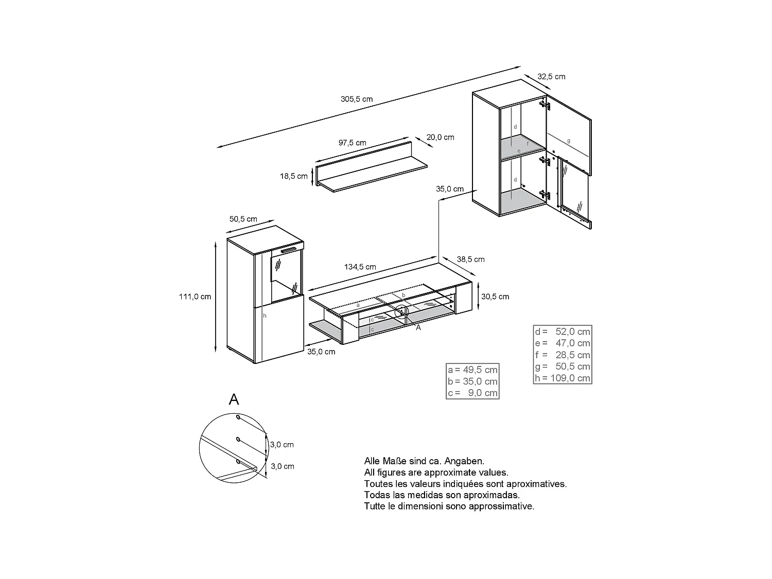 Ensemble mural Stream, meuble mural composé de 1 meuble TV, 2 vitrines et 1 étagère, anthracite mat/blanc mat (Total: 305,5 x 190 x 38,5 cm)