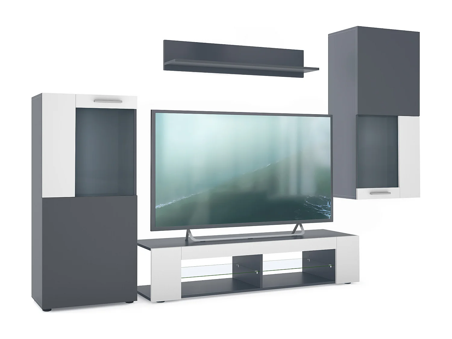 Mueble de salón Stream, conjunto mural compuesto por 1 mueble de TV, 2 vitrinas y 1 estante, antracita mate/blanco mate (Total: 305,5 x 190 x 38,5 cm)