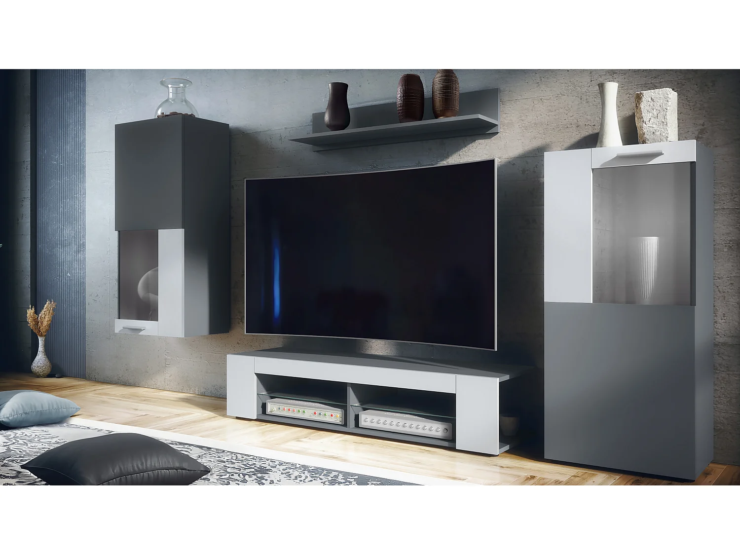 Mueble de salón Stream, conjunto mural compuesto por 1 mueble de TV, 2 vitrinas y 1 estante, antracita mate/blanco mate (Total: 305,5 x 190 x 38,5 cm)