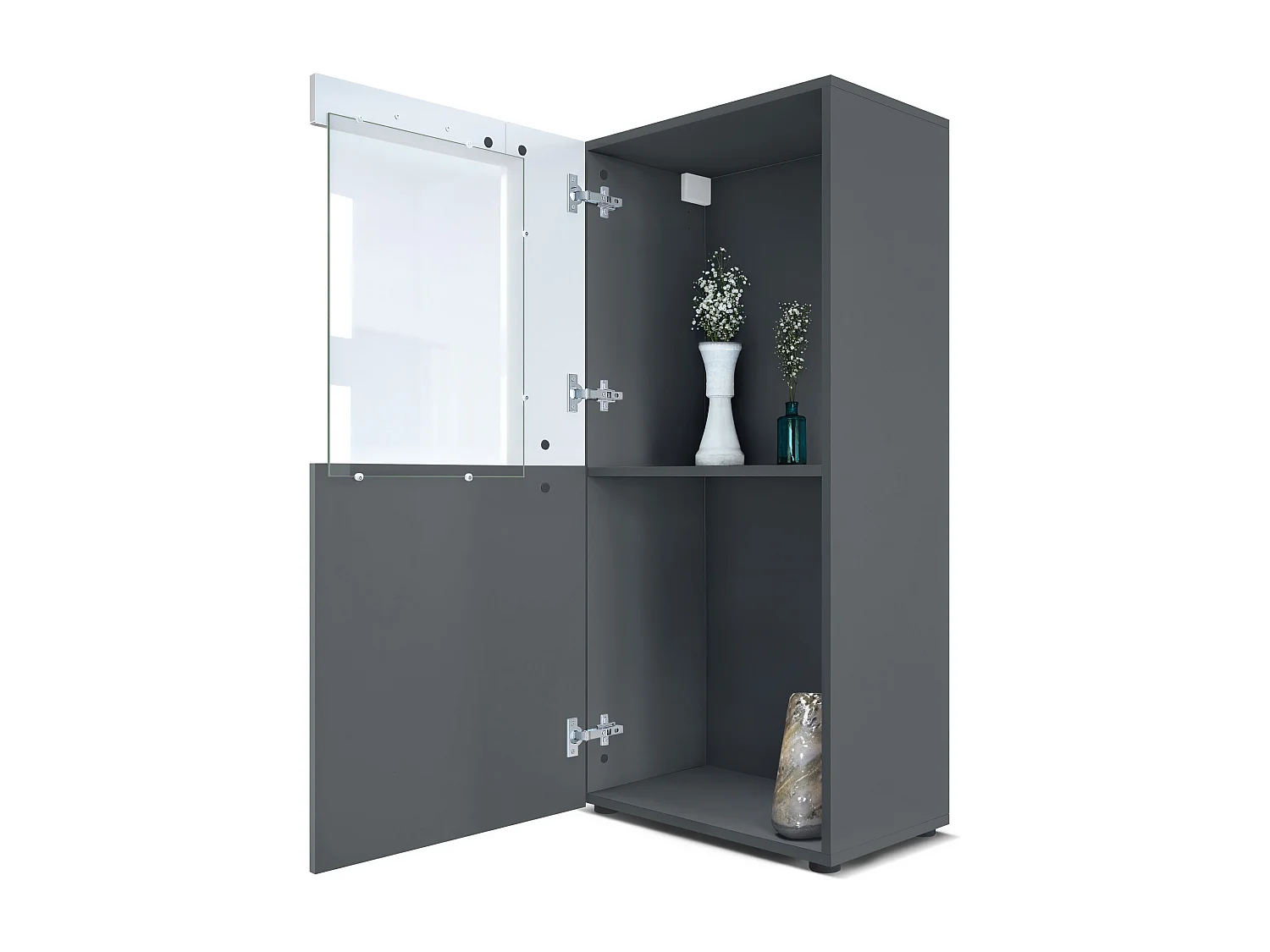 Mueble de salón Stream, conjunto mural compuesto por 1 mueble de TV, 2 vitrinas y 1 estante, antracita mate/blanco mate (Total: 305,5 x 190 x 38,5 cm)