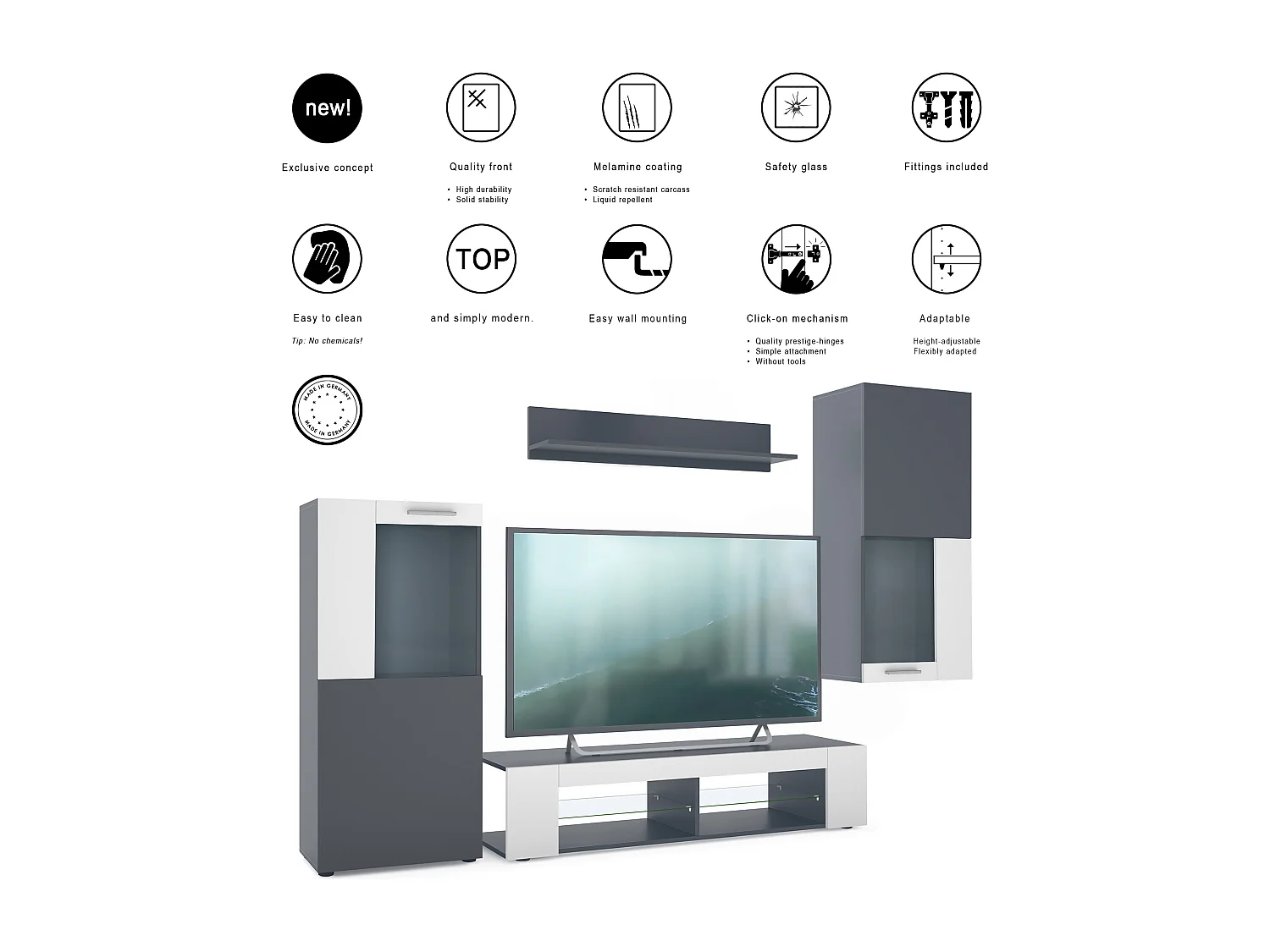 Mueble de salón Stream, conjunto mural compuesto por 1 mueble de TV, 2 vitrinas y 1 estante, antracita mate/blanco mate (Total: 305,5 x 190 x 38,5 cm)