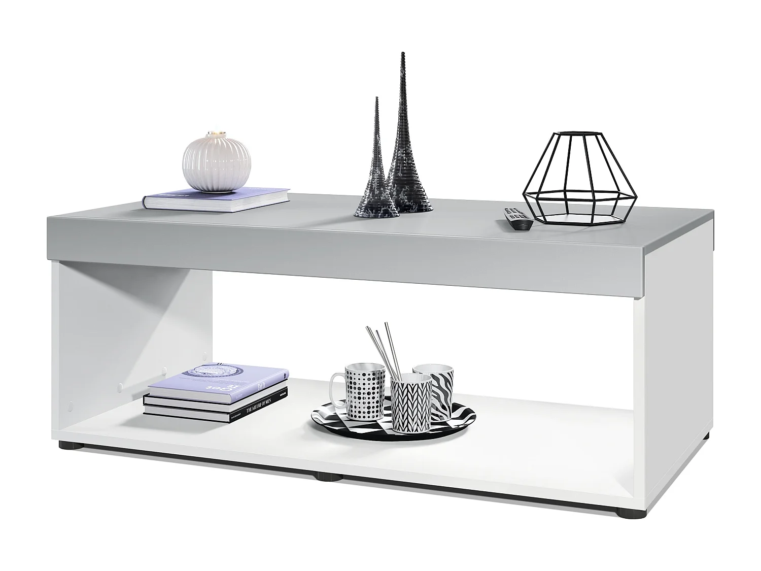 Table de salon Pure, Table basse rectangulaire, Blanc mat/Gris clair satiné mat (104 x 40,5 x 58 cm)