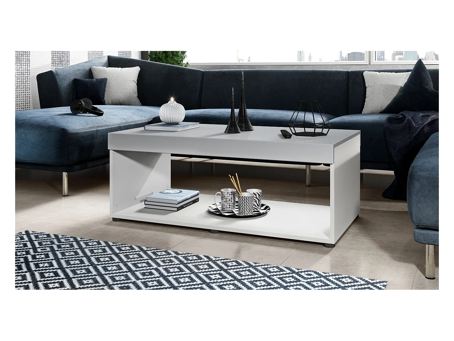 Table de salon Pure, Table basse rectangulaire, Blanc mat/Gris clair satiné mat (104 x 40,5 x 58 cm)