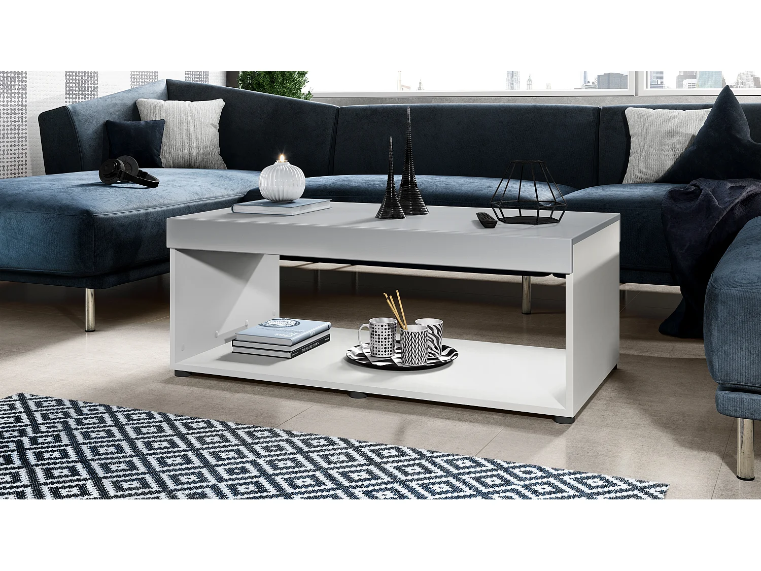 Tavolino  Pure, Tavolo da soggiorno a forma di scatola, bianco opaco/grigio chiaro satinato (104 x 40,5 x 58 cm)