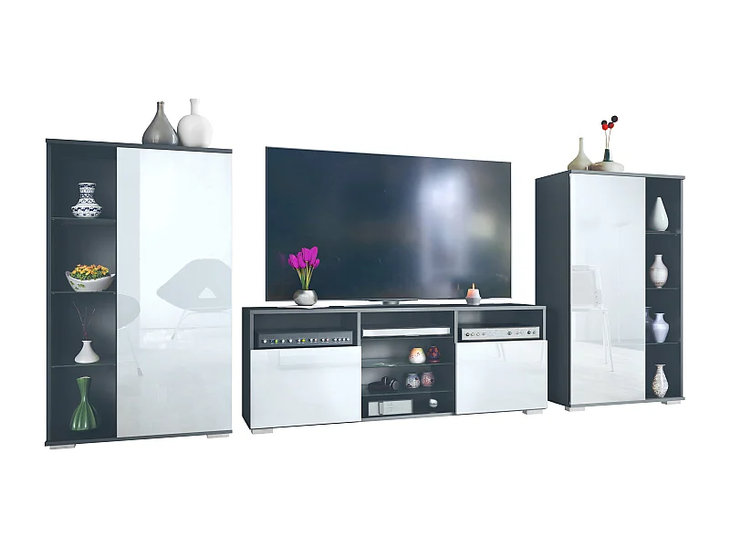 Mobile parete Davos per soggiorno, composto da 2 vetrine e 1 mobile TV, antracite opaco /bianco lucido (329 x 134 x 35 cm)
