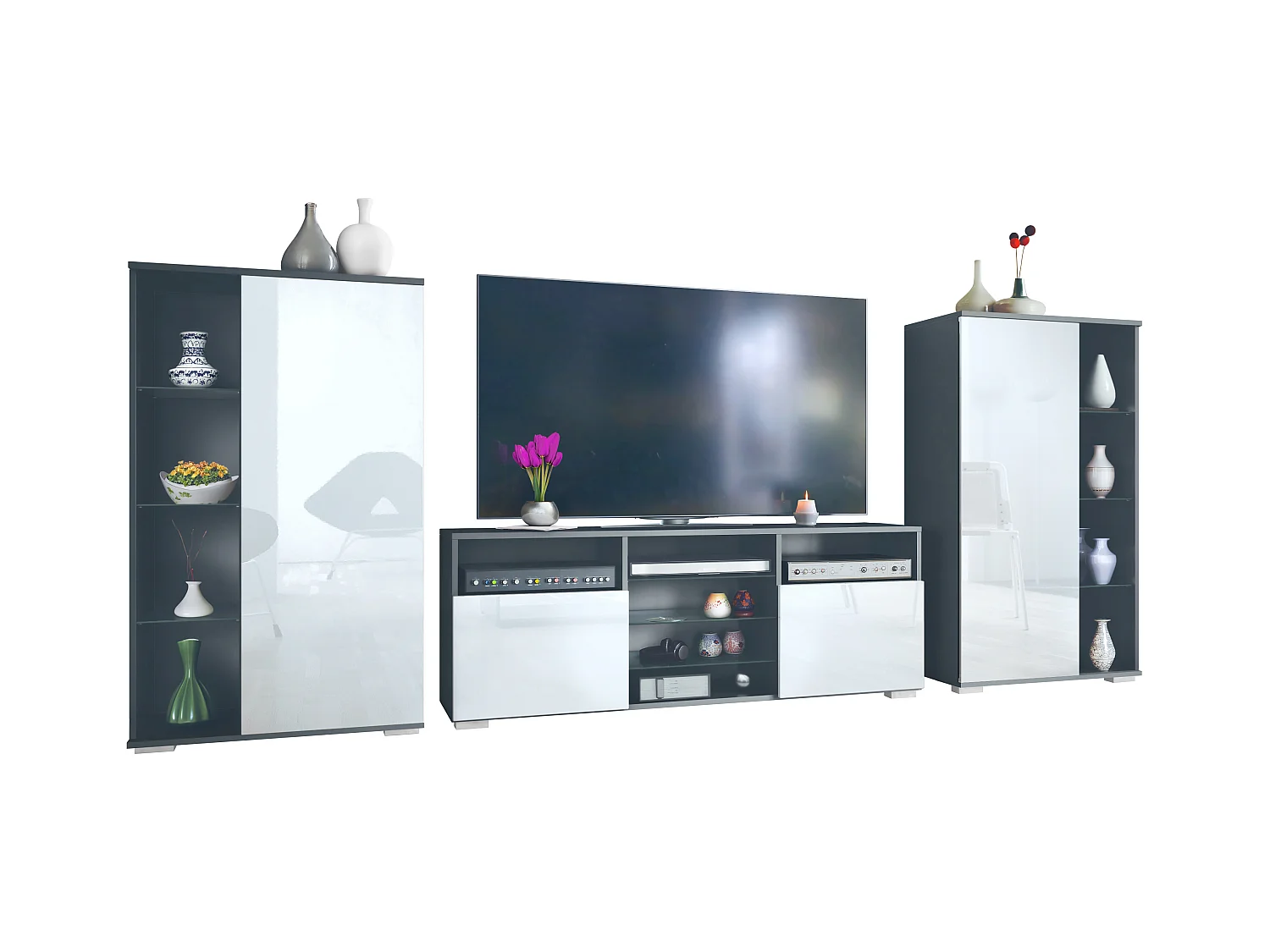 Ensemble mural Davos pour salon, comprenant 2 vitrines et 1 meuble TV, anthracite mat/blanc haute brillance (329 x 134 x 35 cm)