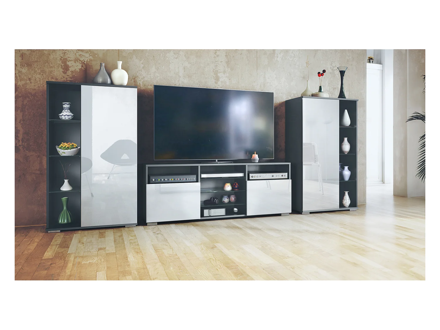 Ensemble mural Davos pour salon, comprenant 2 vitrines et 1 meuble TV, anthracite mat/blanc haute brillance (329 x 134 x 35 cm)