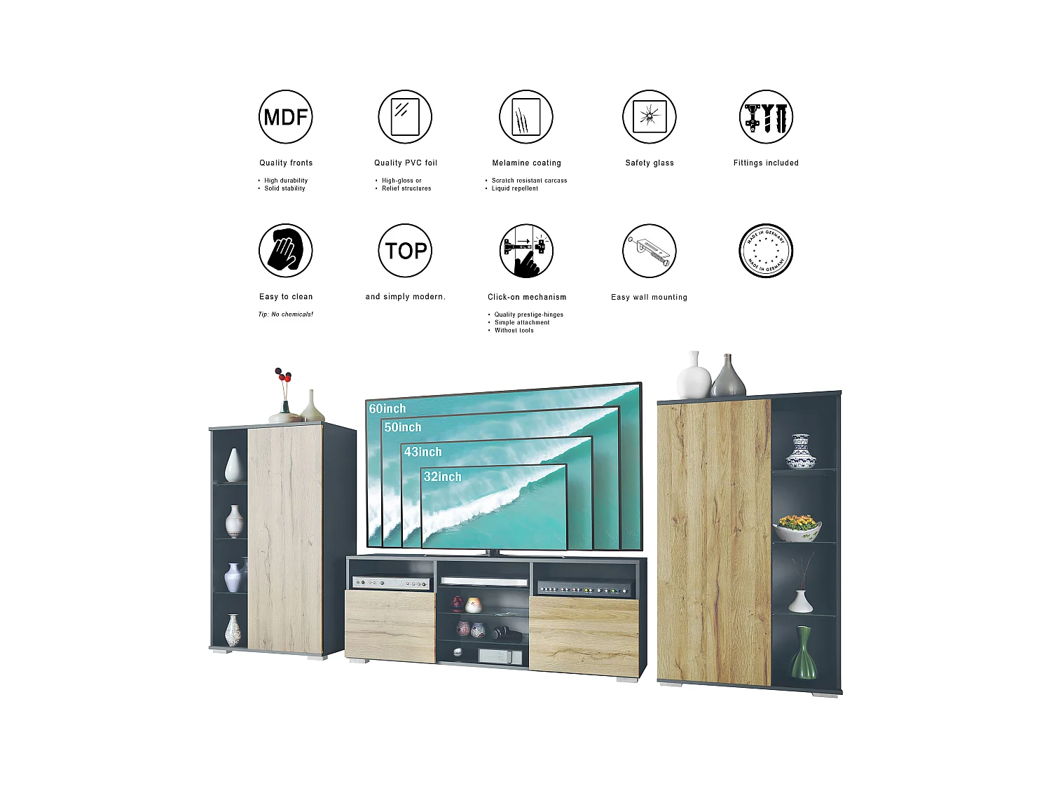 Ensemble mural Davos pour salon, comprenant 2 vitrines et 1 meuble TV, anthracite mat/blanc haute brillance (329 x 134 x 35 cm)