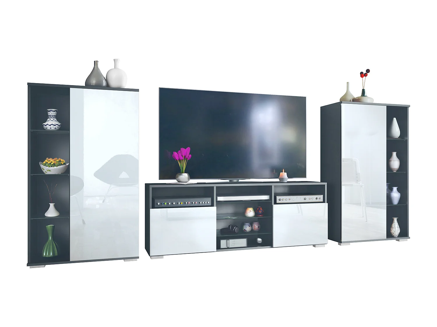 Mobile parete Davos per soggiorno, composto da 2 vetrine e 1 mobile TV, antracite opaco /bianco lucido (329 x 134 x 35 cm)