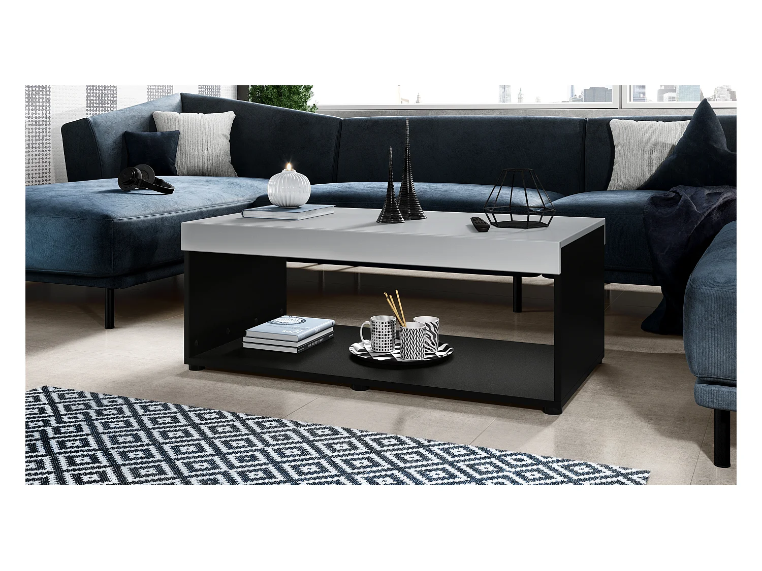 Table de salon Pure, Table basse rectangulaire, Noir mat/Gris clair satiné mat (104 x 40,5 x 58 cm)