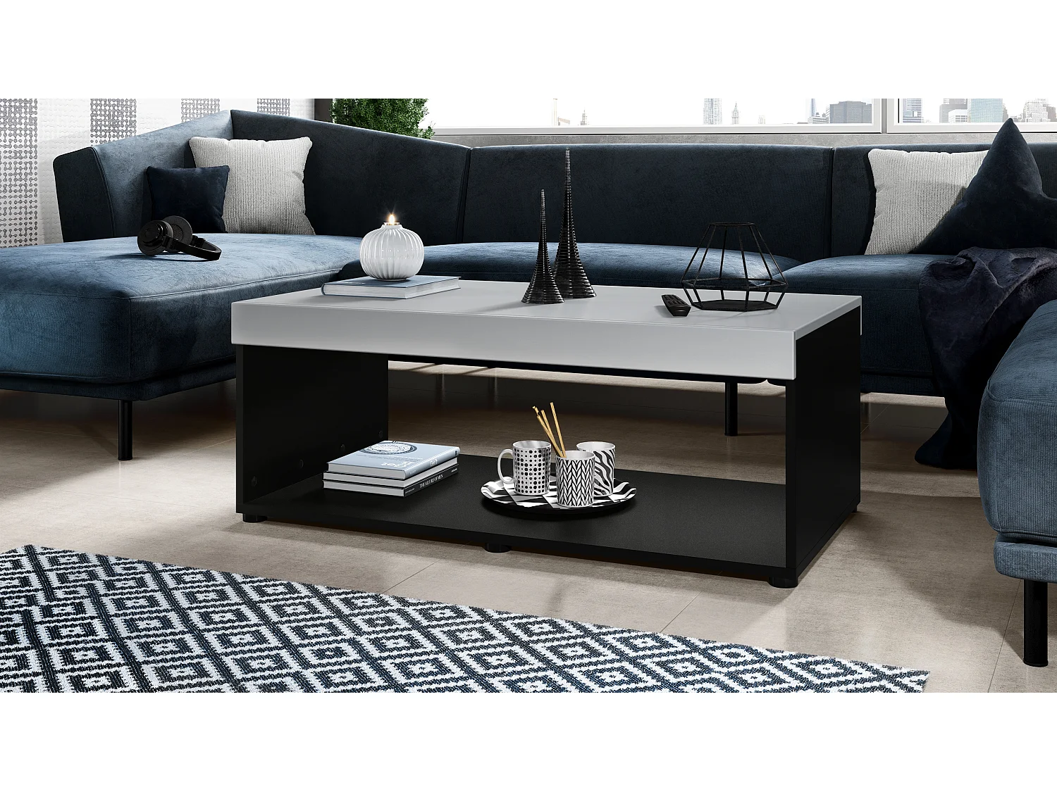 Tavolino  Pure, Tavolo da soggiorno a forma di scatola, nero opaco/grigio chiaro satinato (104 x 40,5 x 58 cm)