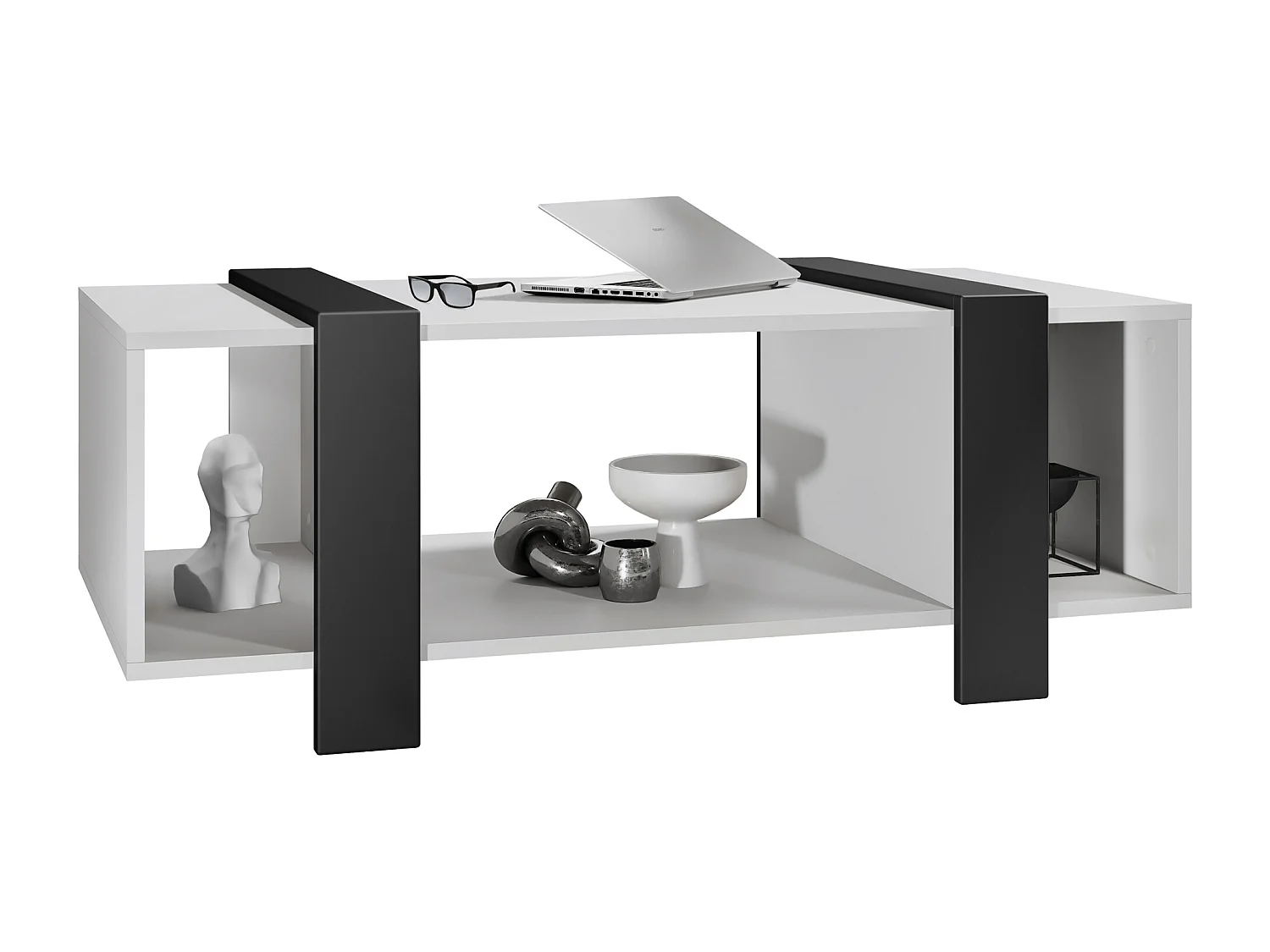 Table basse Ida 110,5 x 42 x 56,5 cm Table de salon à trois compartiments, caisson en blanc mat, façades en Noir mat | Grand choix de couleurs