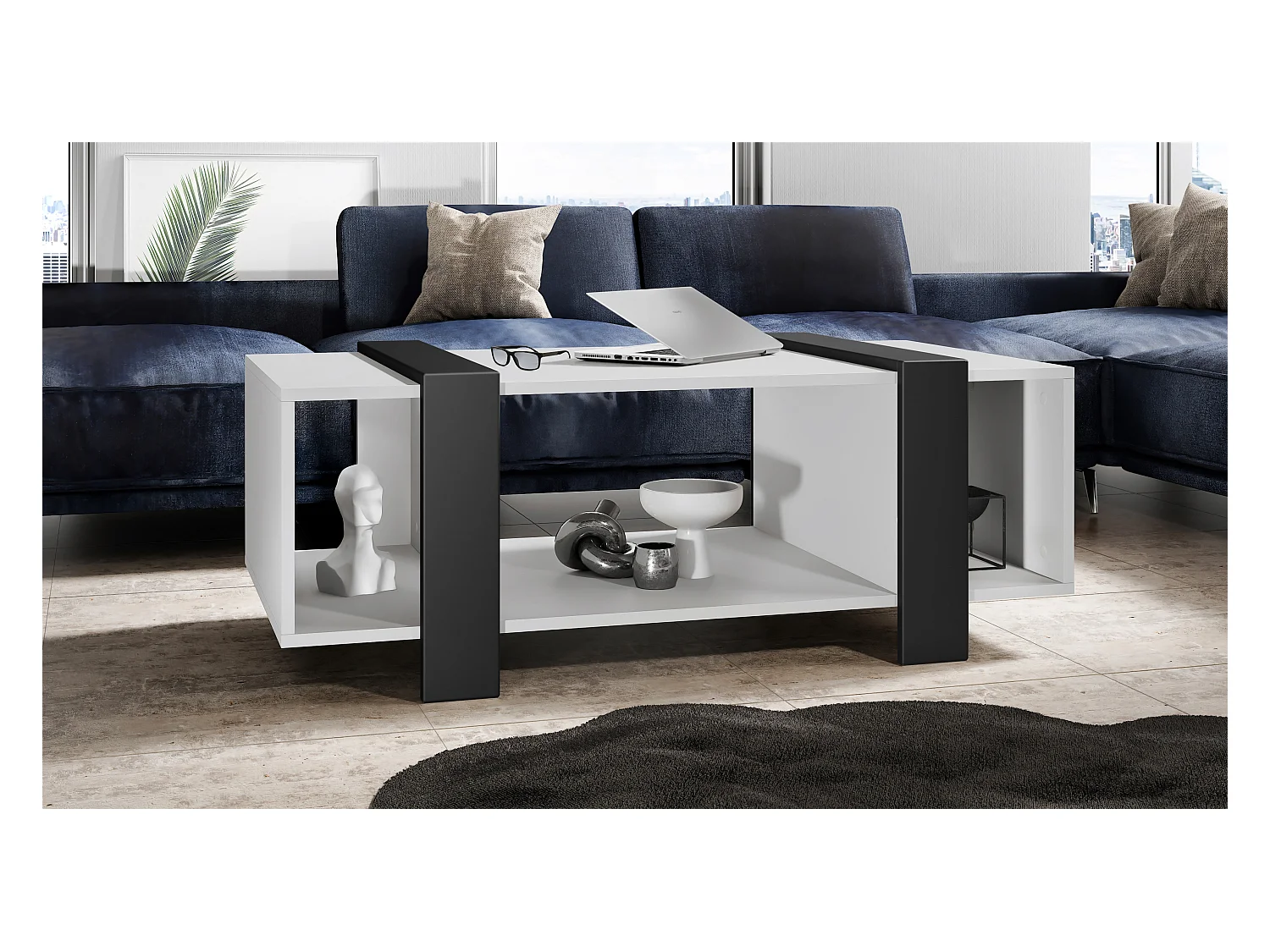 Table basse Ida 110,5 x 42 x 56,5 cm Table de salon à trois compartiments, caisson en blanc mat, façades en Noir mat | Grand choix de couleurs