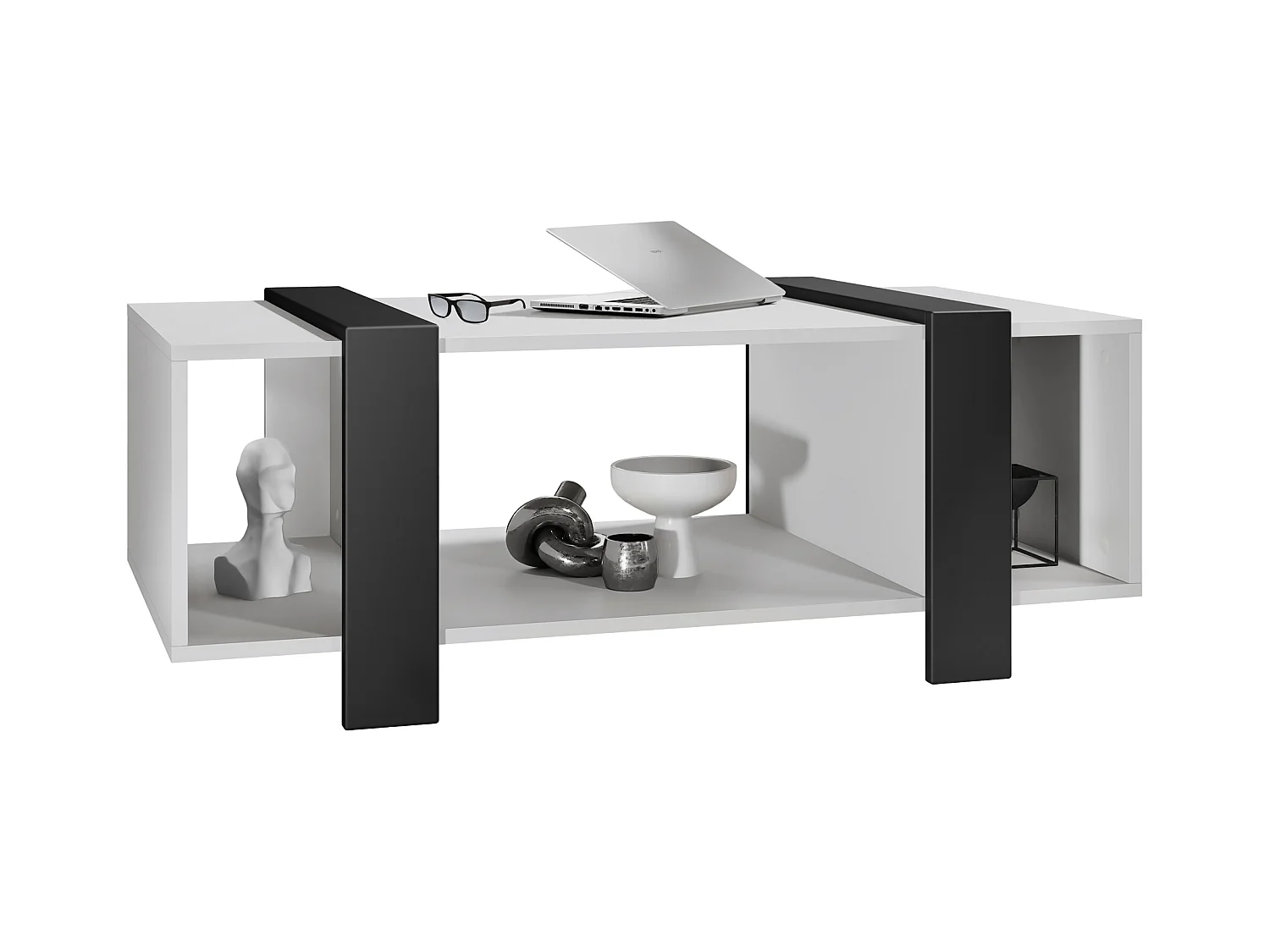 Table basse Ida 110,5 x 42 x 56,5 cm Table de salon à trois compartiments, caisson en blanc mat, façades en Noir mat | Grand choix de couleurs