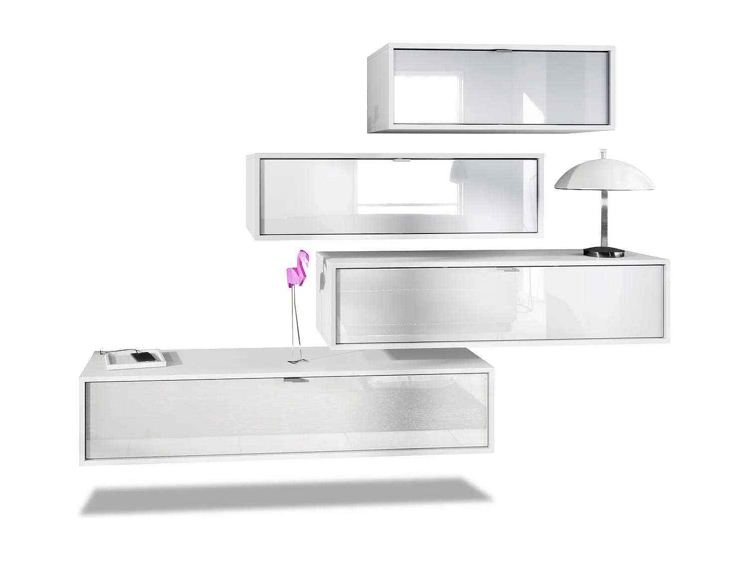 Unité murale Lana V3 composée de 4 unités murales à 10 compartiments, caisson en Blanc mat, façades en Blanc haute brillance