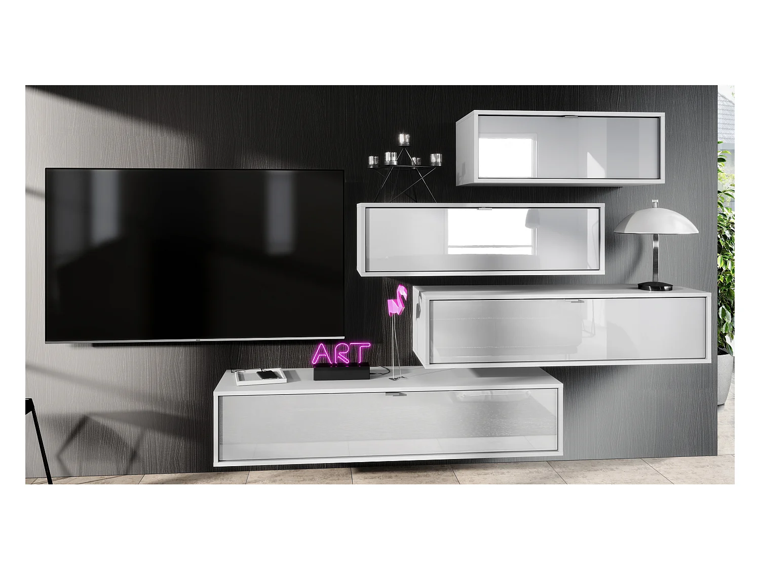 Unité murale Lana V3 composée de 4 unités murales à 10 compartiments, caisson en Blanc mat, façades en Blanc haute brillance