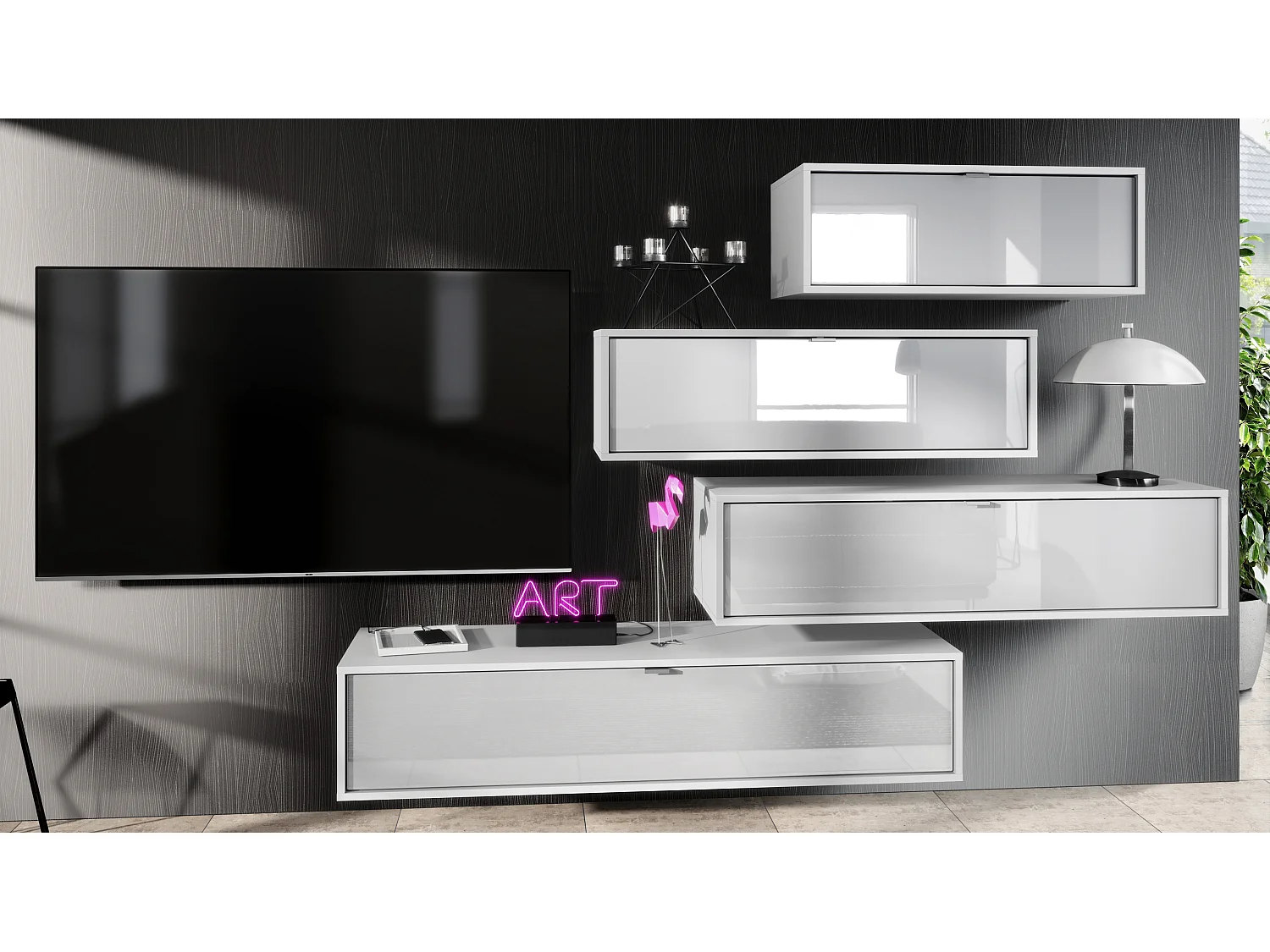 Parete attrezzata Lana V3 Centro di intrattenimento di 4 elementi sospesi con 10 ripiani, struttura in bianco opaco, frontali in bianco lucido