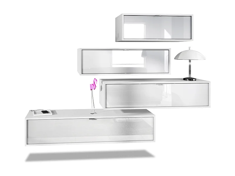 Unité murale Lana V3 composée de 4 unités murales à 10 compartiments, caisson en Blanc mat, façades en Blanc haute brillance