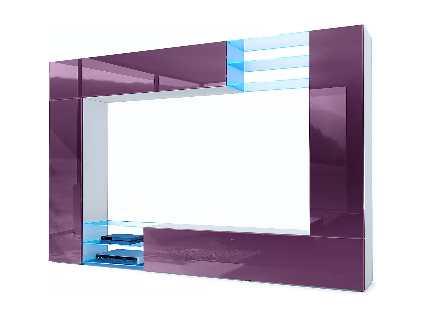 Meuble TV mural Mirage, Ensemble étagère TV et 2 portes, 2 clapets et 6 étagères en verre, Blanc mat/Mûre brillant, éclairage LED inclus (262 x 183 x 39 cm)