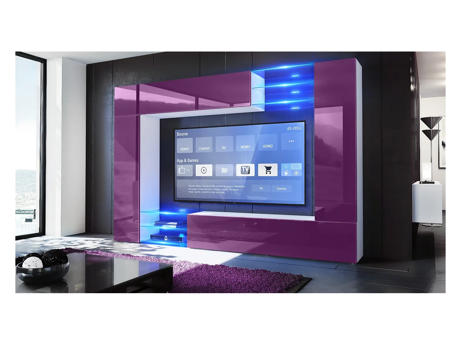 Meuble TV mural Mirage, Ensemble étagère TV et 2 portes, 2 clapets et 6 étagères en verre, Blanc mat/Mûre brillant, éclairage LED inclus (262 x 183 x 39 cm)