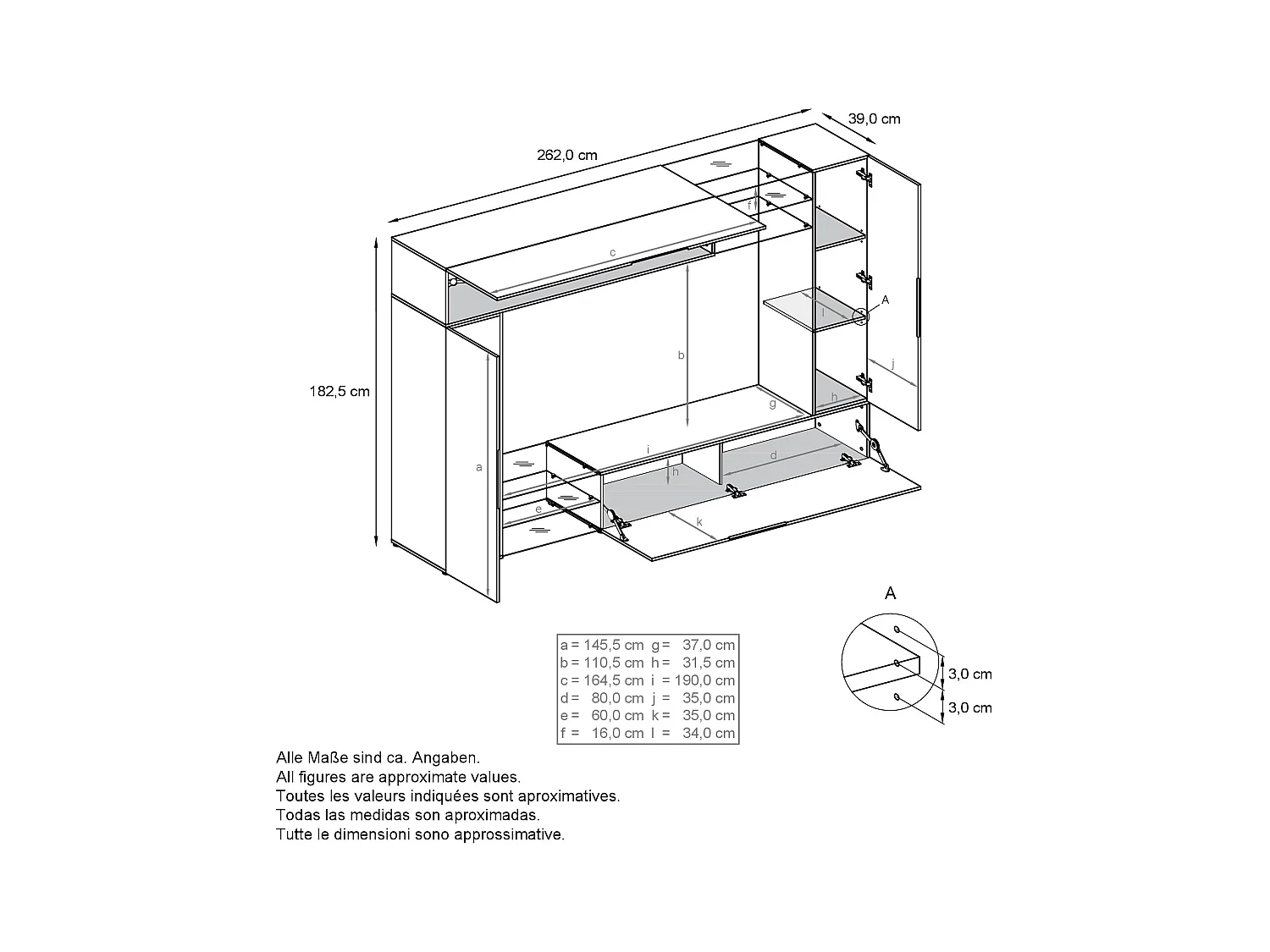 Meuble TV mural Mirage, Ensemble étagère TV et 2 portes, 2 clapets et 6 étagères en verre, Blanc mat/Mûre brillant, éclairage LED inclus (262 x 183 x 39 cm)