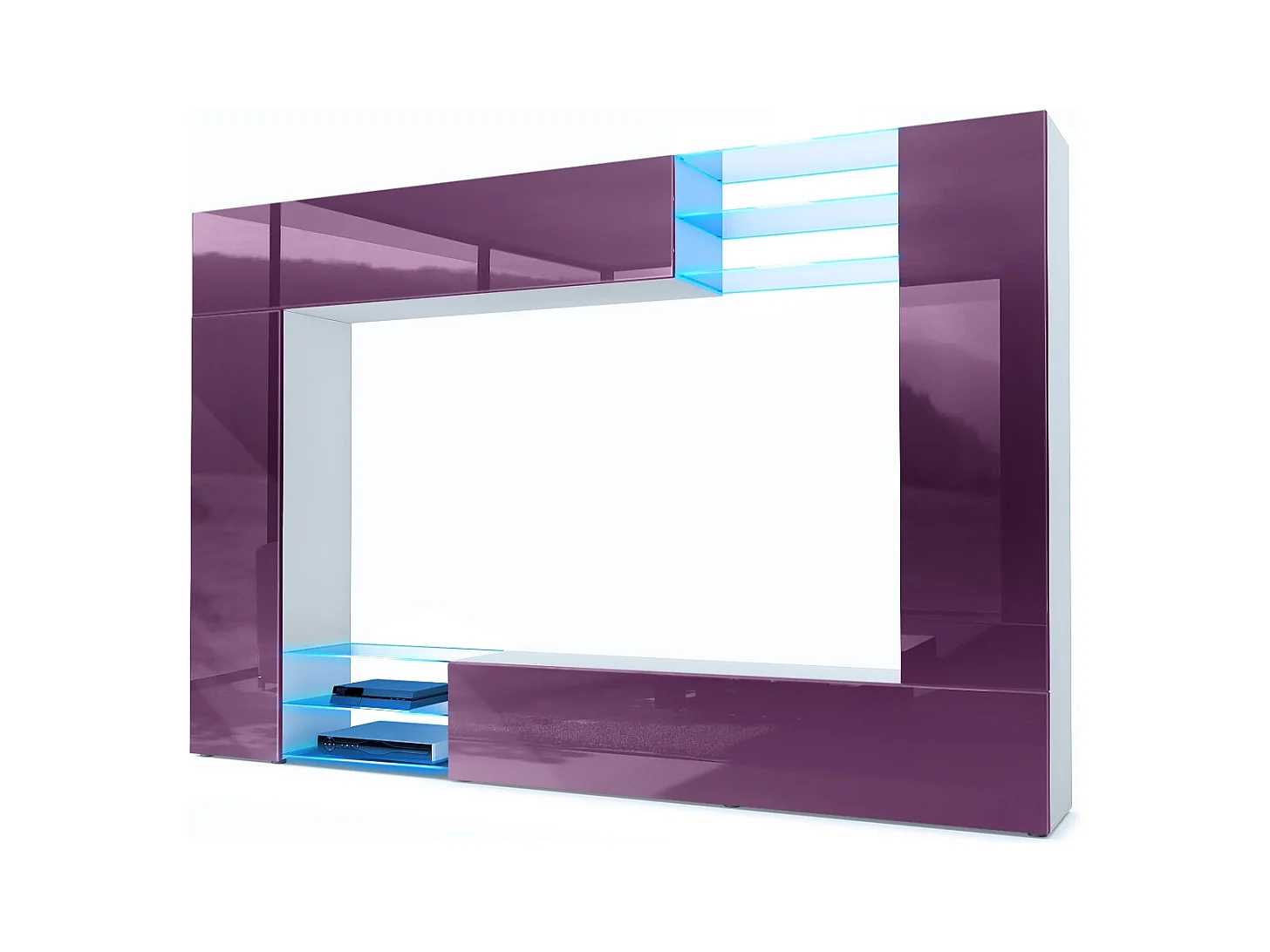 Meuble TV mural Mirage, Ensemble étagère TV et 2 portes, 2 clapets et 6 étagères en verre, Blanc mat/Mûre brillant, éclairage LED inclus (262 x 183 x 39 cm)