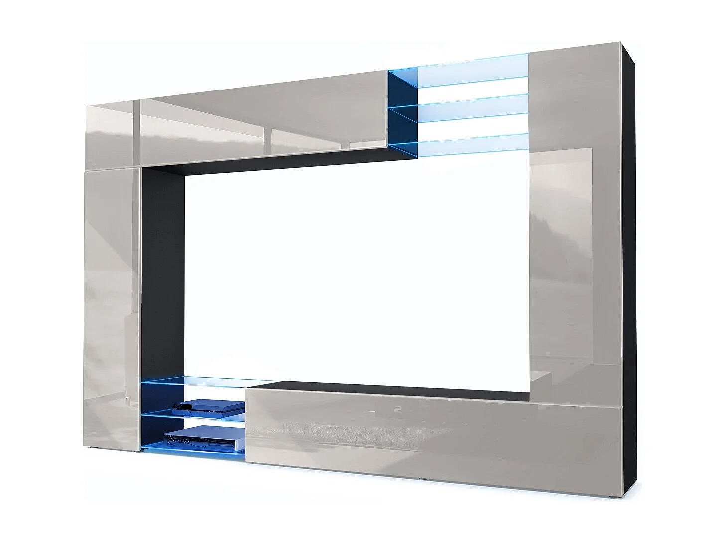 Meuble TV mural Mirage, Ensemble étagère TV et 2 portes, 2 clapets et 6 étagères en verre, Noir mat/Gris sable brillant, LED incluse (262 x 183 x 39 cm)