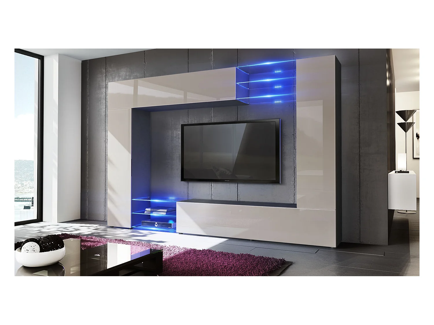 Meuble TV mural Mirage, Ensemble étagère TV et 2 portes, 2 clapets et 6 étagères en verre, Noir mat/Gris sable brillant, LED incluse (262 x 183 x 39 cm)