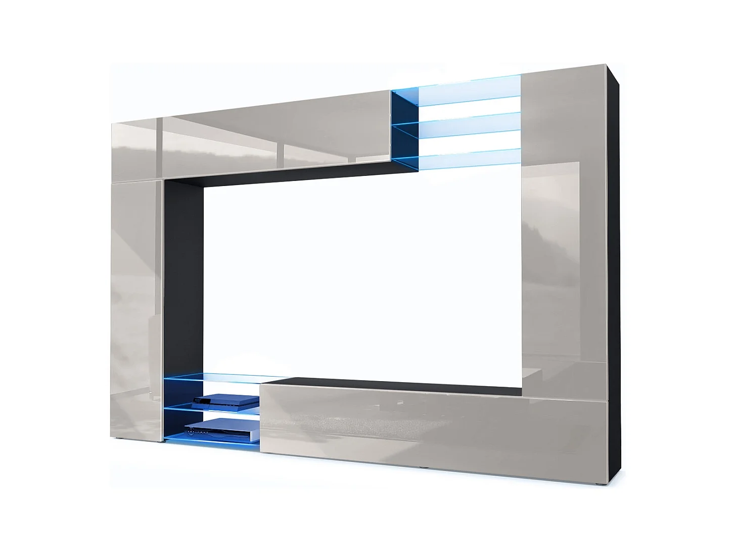 Meuble TV mural Mirage, Ensemble étagère TV et 2 portes, 2 clapets et 6 étagères en verre, Noir mat/Gris sable brillant, LED incluse (262 x 183 x 39 cm)