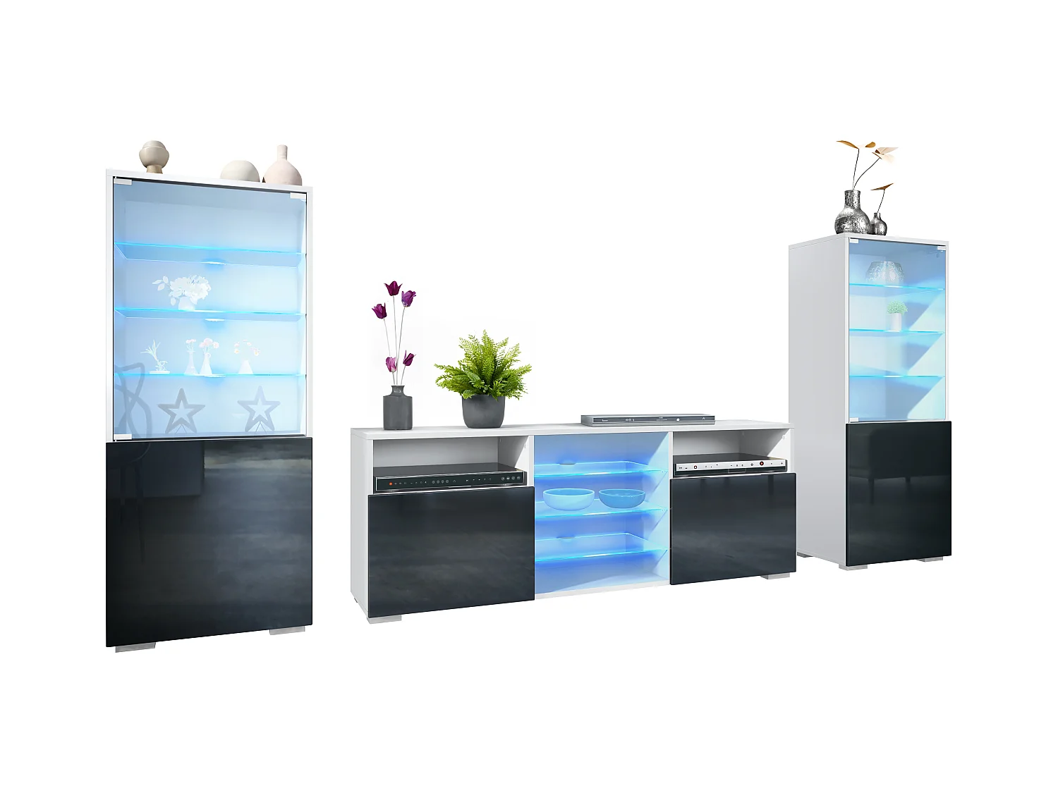 Ensemble mural Granada pour salon, comprenant 2 vitrines et 1 meuble TV, blanc mat/noir haute brillance éclairage LED inclus (286 x 122,5 x 35 cm)