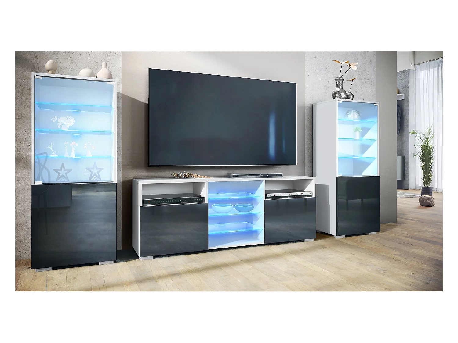 Ensemble mural Granada pour salon, comprenant 2 vitrines et 1 meuble TV, blanc mat/noir haute brillance éclairage LED inclus (286 x 122,5 x 35 cm)