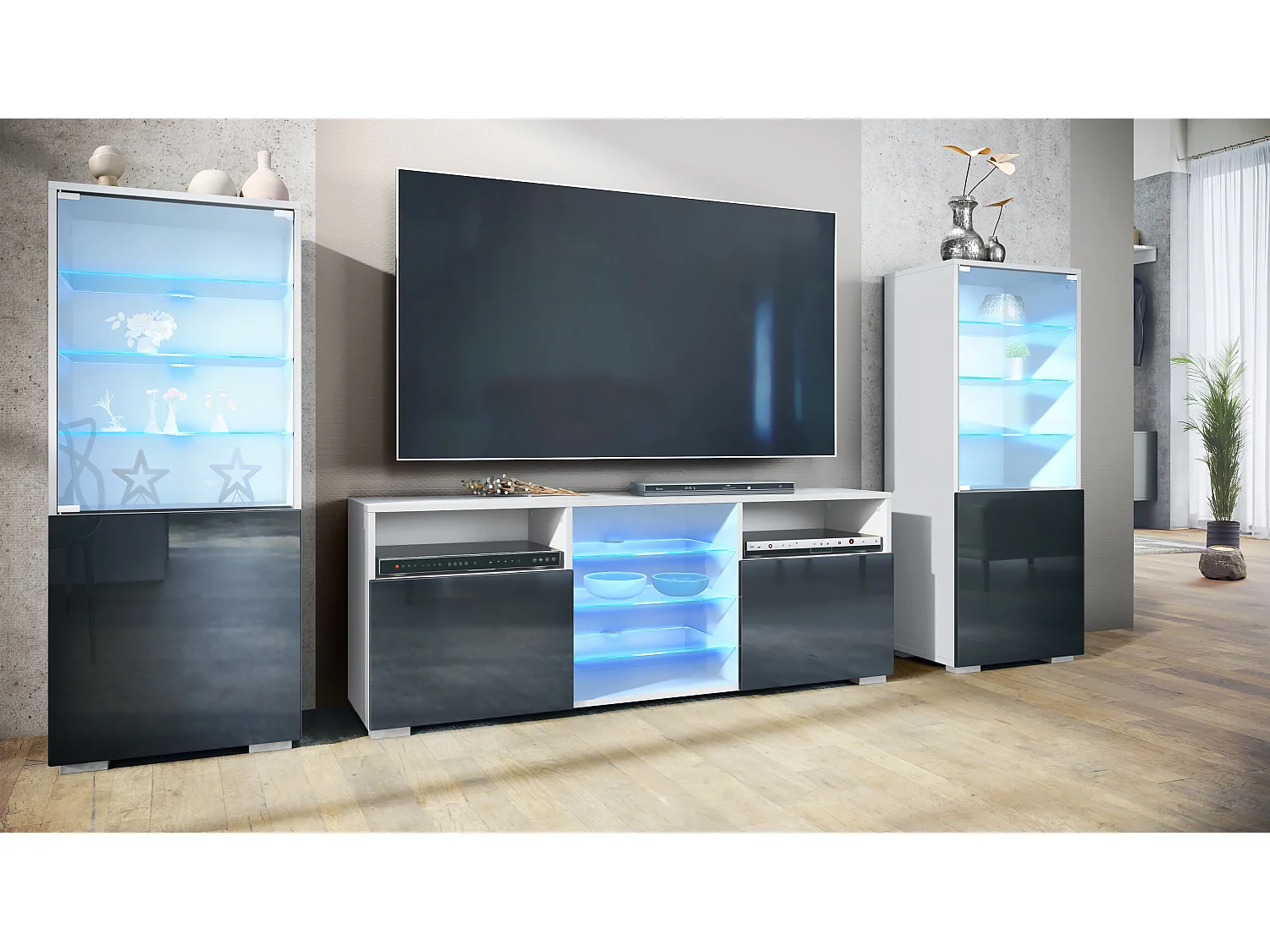 Mobile parete Granada per soggiorno, composto da 2 vetrine e 1 mobile TV, bianco opaco/nero lucido incl. illuminazione a LED (286 x 122,5 x 35 cm)