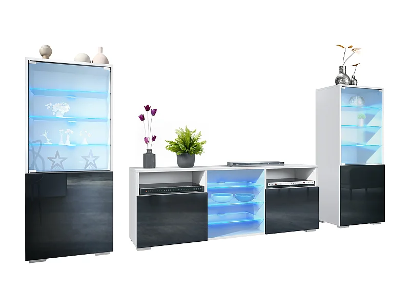 Ensemble mural Granada pour salon, comprenant 2 vitrines et 1 meuble TV, blanc mat/noir haute brillance éclairage LED inclus (286 x 122,5 x 35 cm)