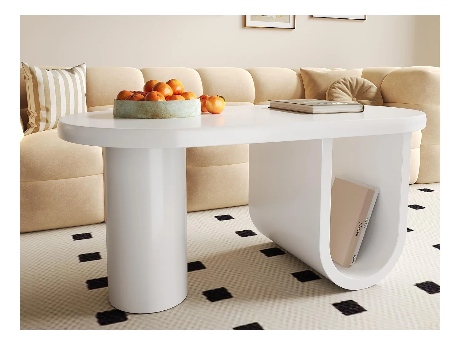 Table basse ovale moderne 98.5x53.5x42cm - design minimaliste - pieds en U - blanc