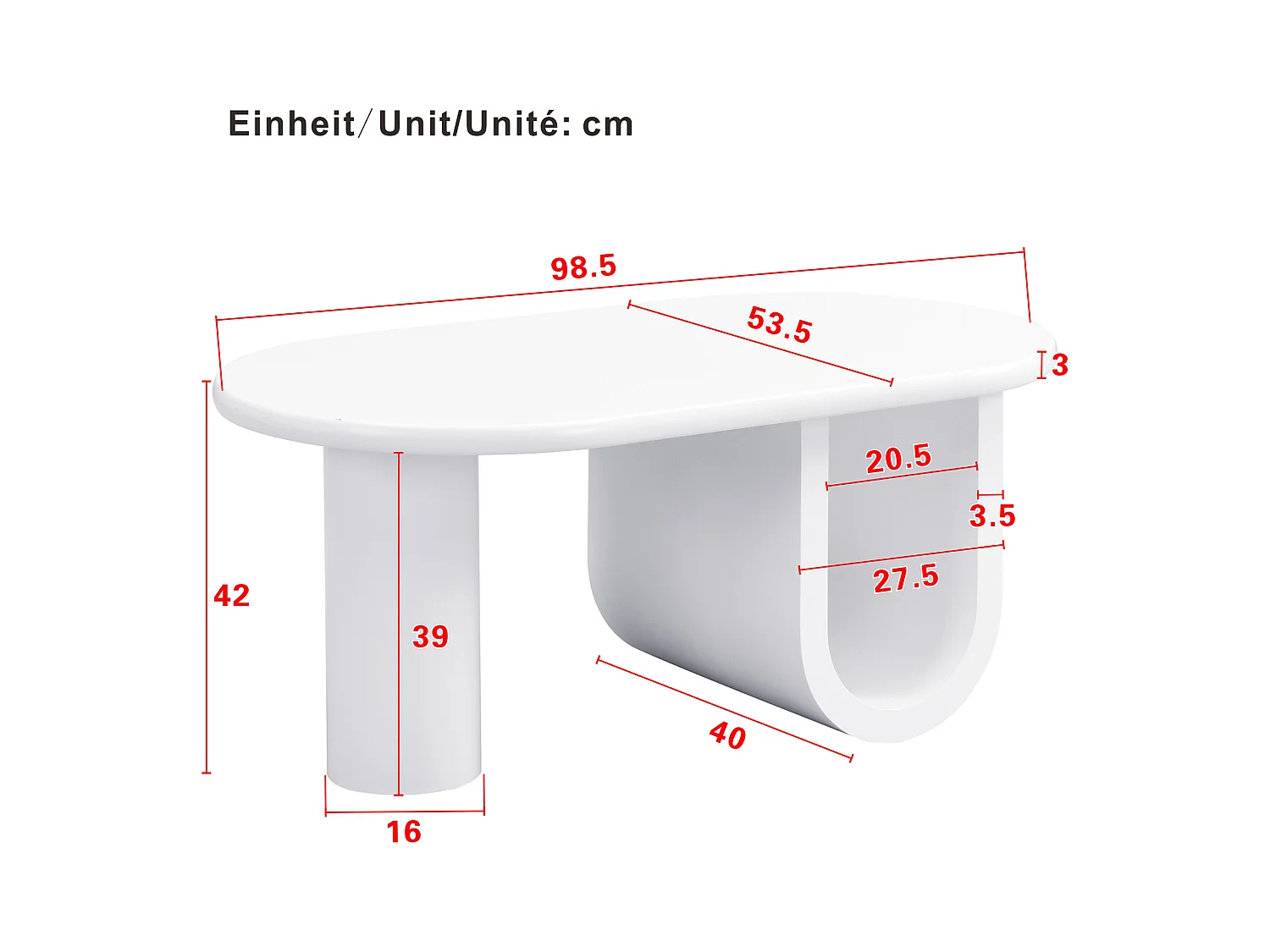 Table basse ovale moderne 98.5x53.5x42cm - design minimaliste - pieds en U - blanc