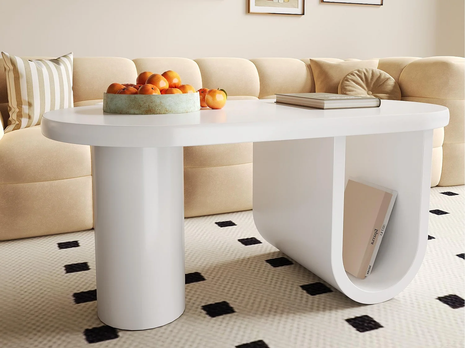 Table basse ovale moderne 98.5x53.5x42cm - design minimaliste - pieds en U - blanc