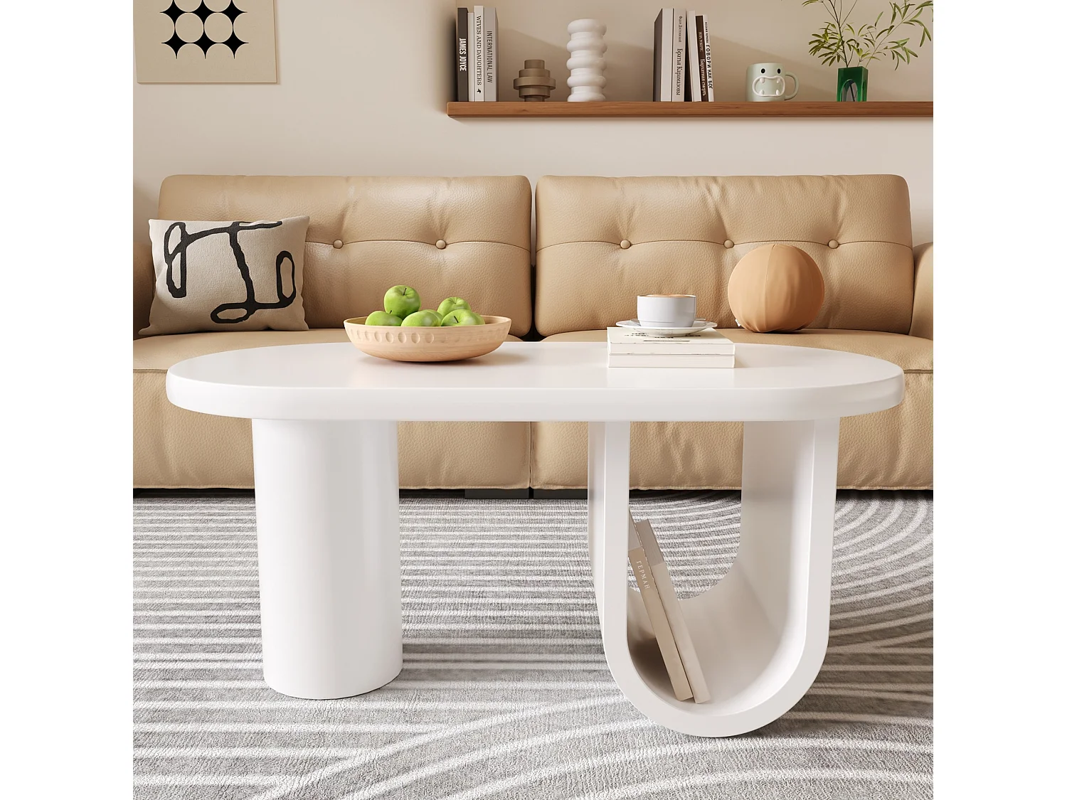 Table basse ovale moderne 98.5x53.5x42cm - design minimaliste - pieds en U - blanc