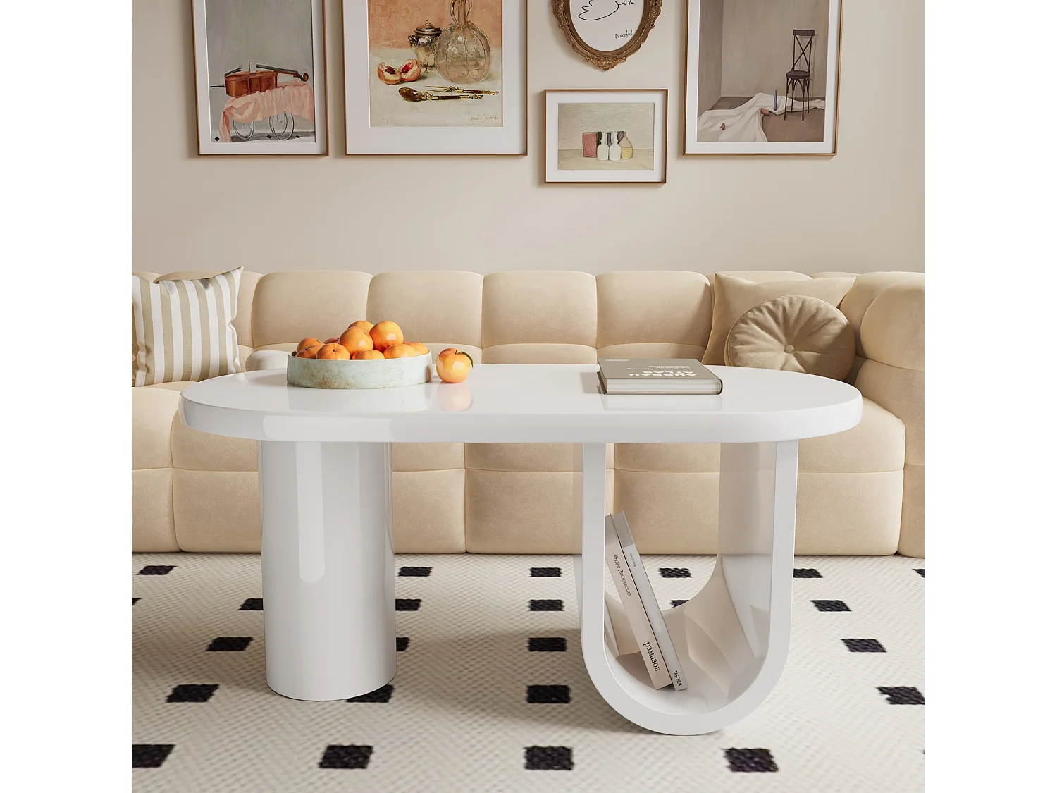 Table basse ovale moderne 98.5x53.5x42cm - design minimaliste - pieds en U - blanc