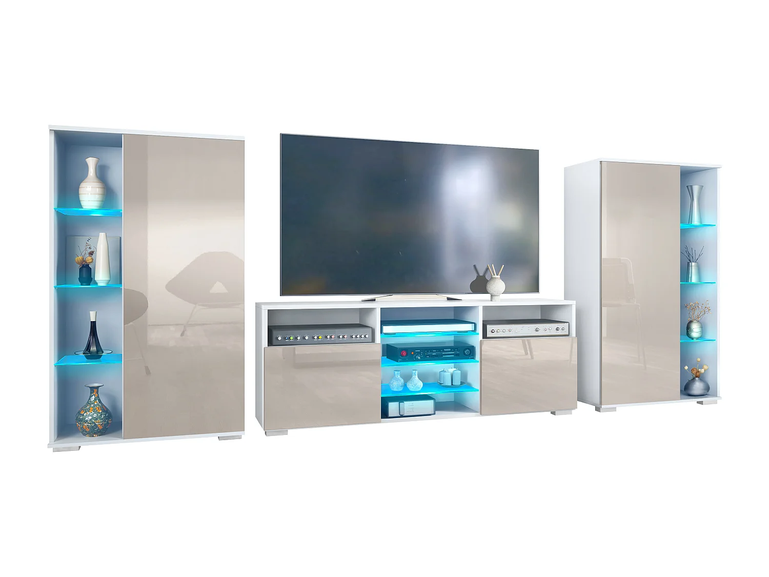 Mobile parete Davos per soggiorno, composto da 2 vetrine e 1 mobile TV, bianco opaco/grigio sabbia lucido incl. illuminazione a LED (329 x 134 x 35 cm)