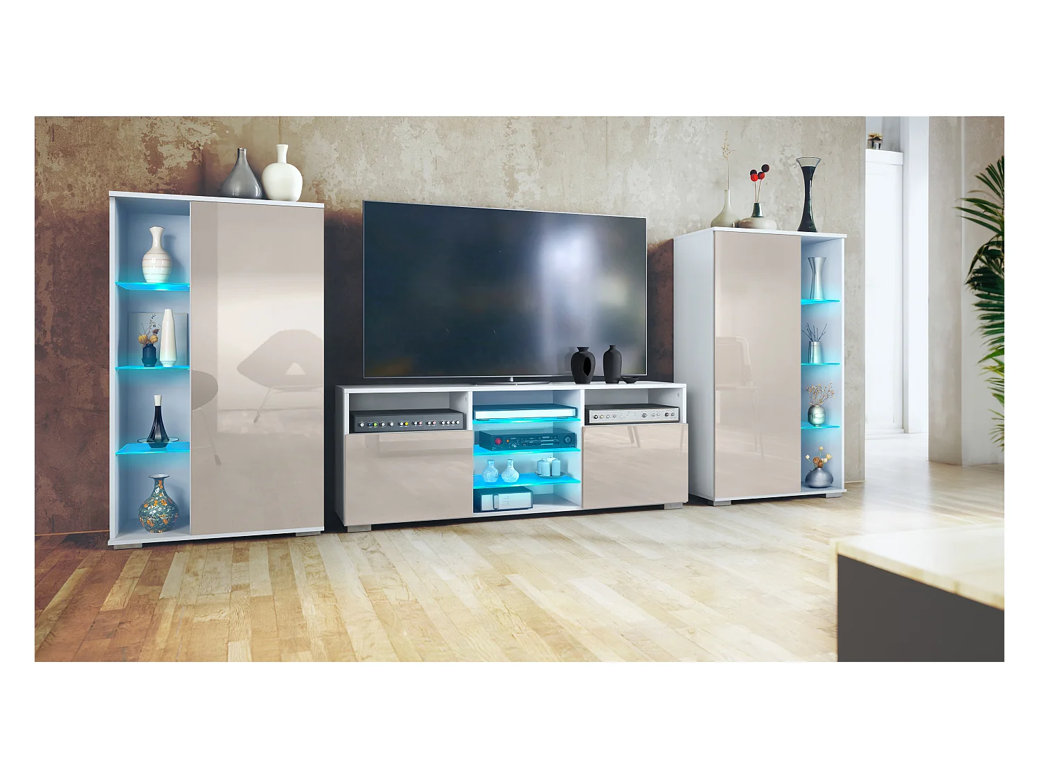 Mobile parete Davos per soggiorno, composto da 2 vetrine e 1 mobile TV, bianco opaco/grigio sabbia lucido incl. illuminazione a LED (329 x 134 x 35 cm)