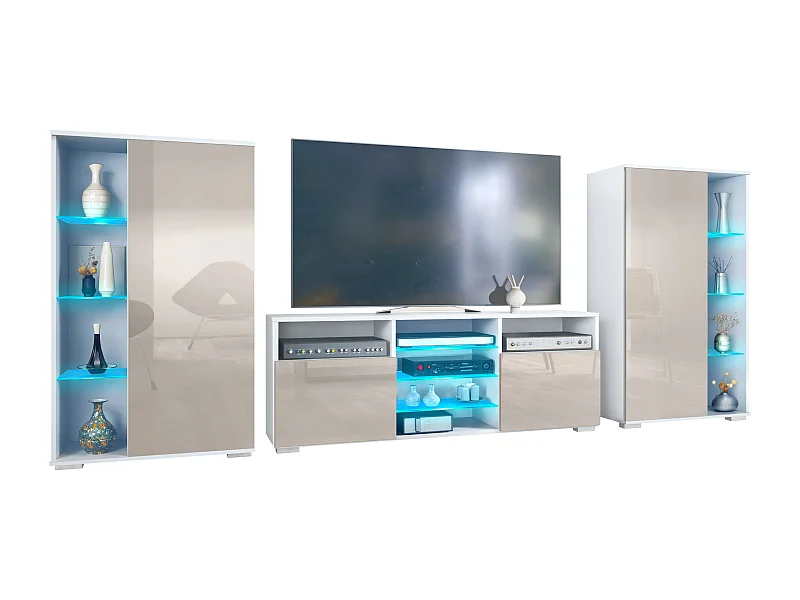 Ensemble mural Davos pour salon, comprenant 2 vitrines et 1 meuble TV, blanc mat/gris sable haute brillance éclairage LED inclus (329 x 134 x 35 cm)