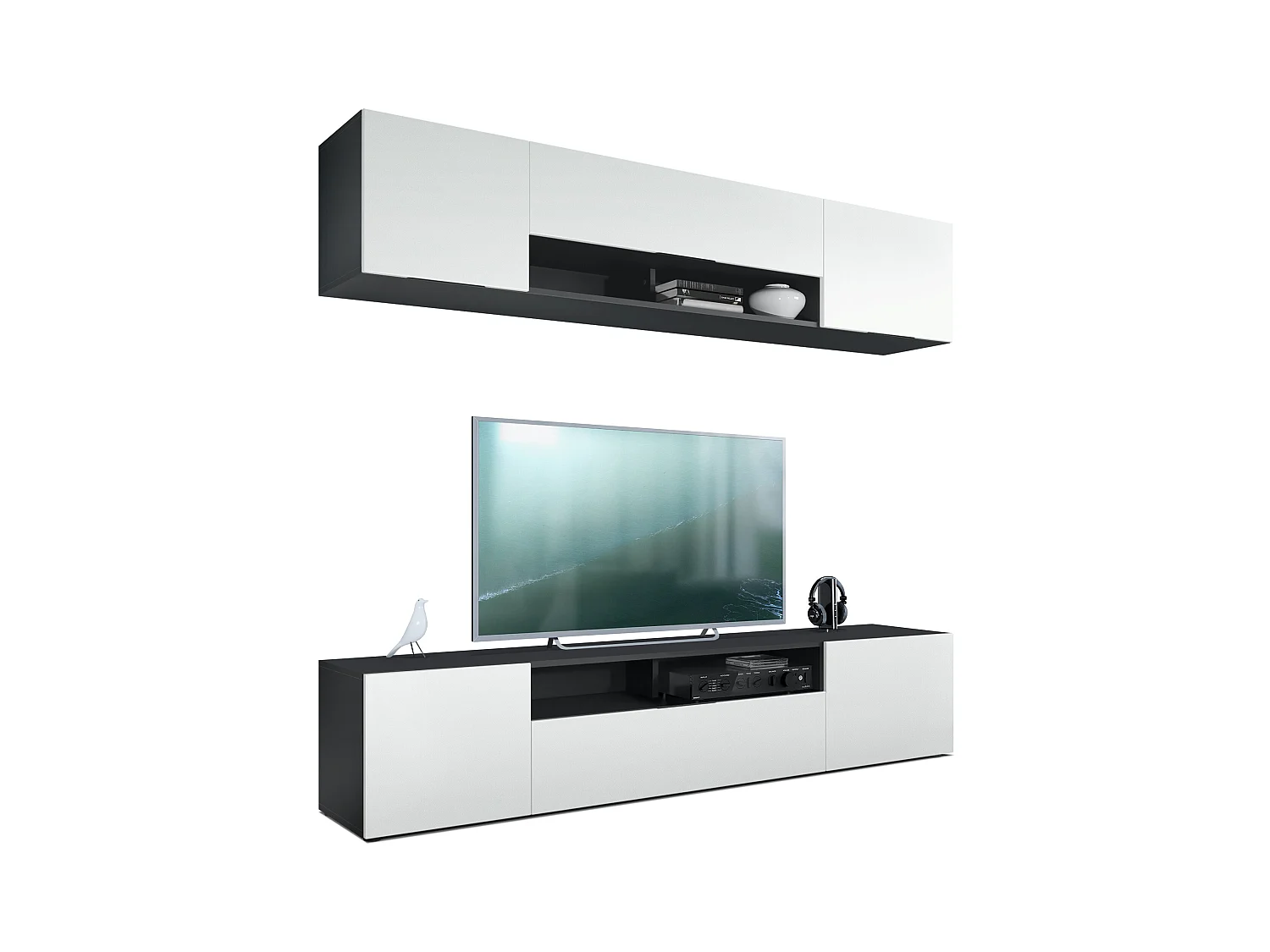Meuble-paroi Mogan, noir mat/blanc mat - Meuble mural moderne composé de 2 étagères TV (181 x 147 x 35 cm)