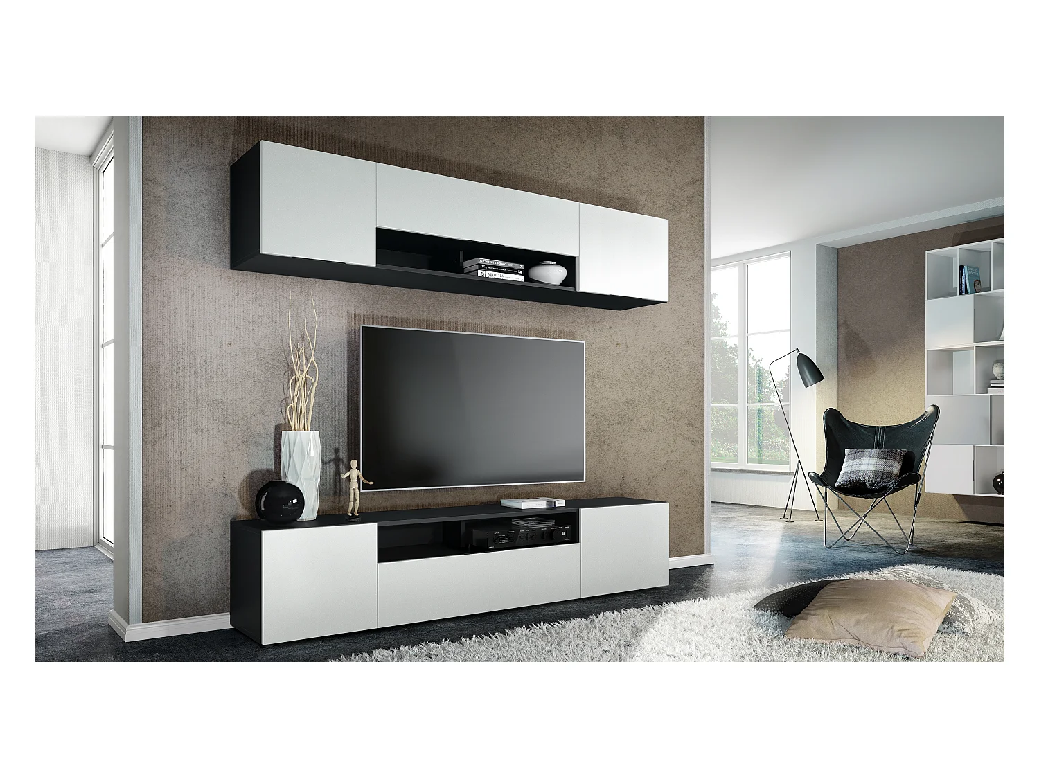 Meuble-paroi Mogan, noir mat/blanc mat - Meuble mural moderne composé de 2 étagères TV (181 x 147 x 35 cm)