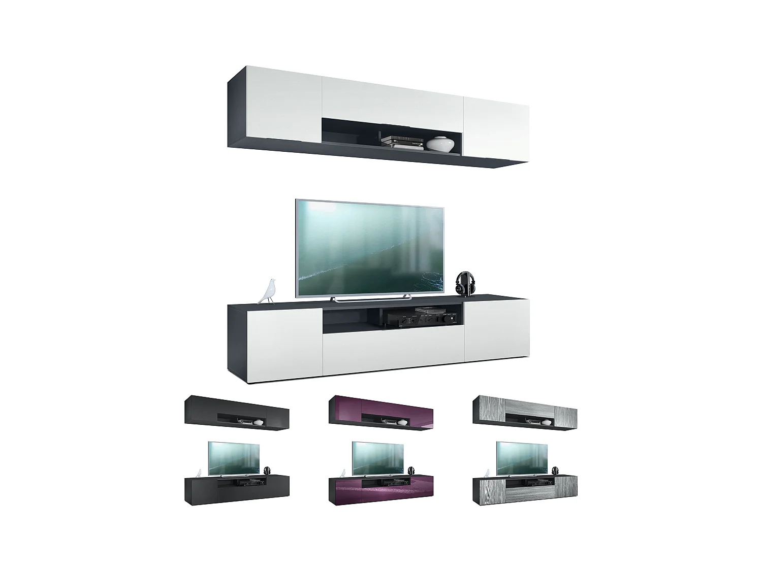 Meuble-paroi Mogan, noir mat/blanc mat - Meuble mural moderne composé de 2 étagères TV (181 x 147 x 35 cm)