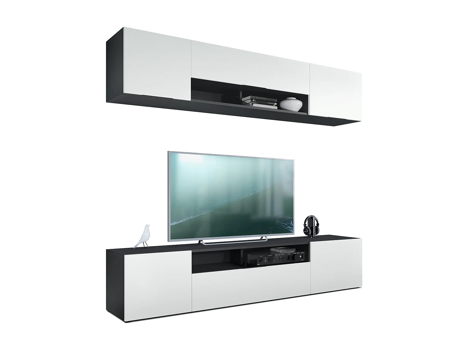 Vladon parete vivente Mogan, nero opaco/bianco opaco - Moderno pensile composto da 2 ripiani per TV (181 x 147 x 35 cm)