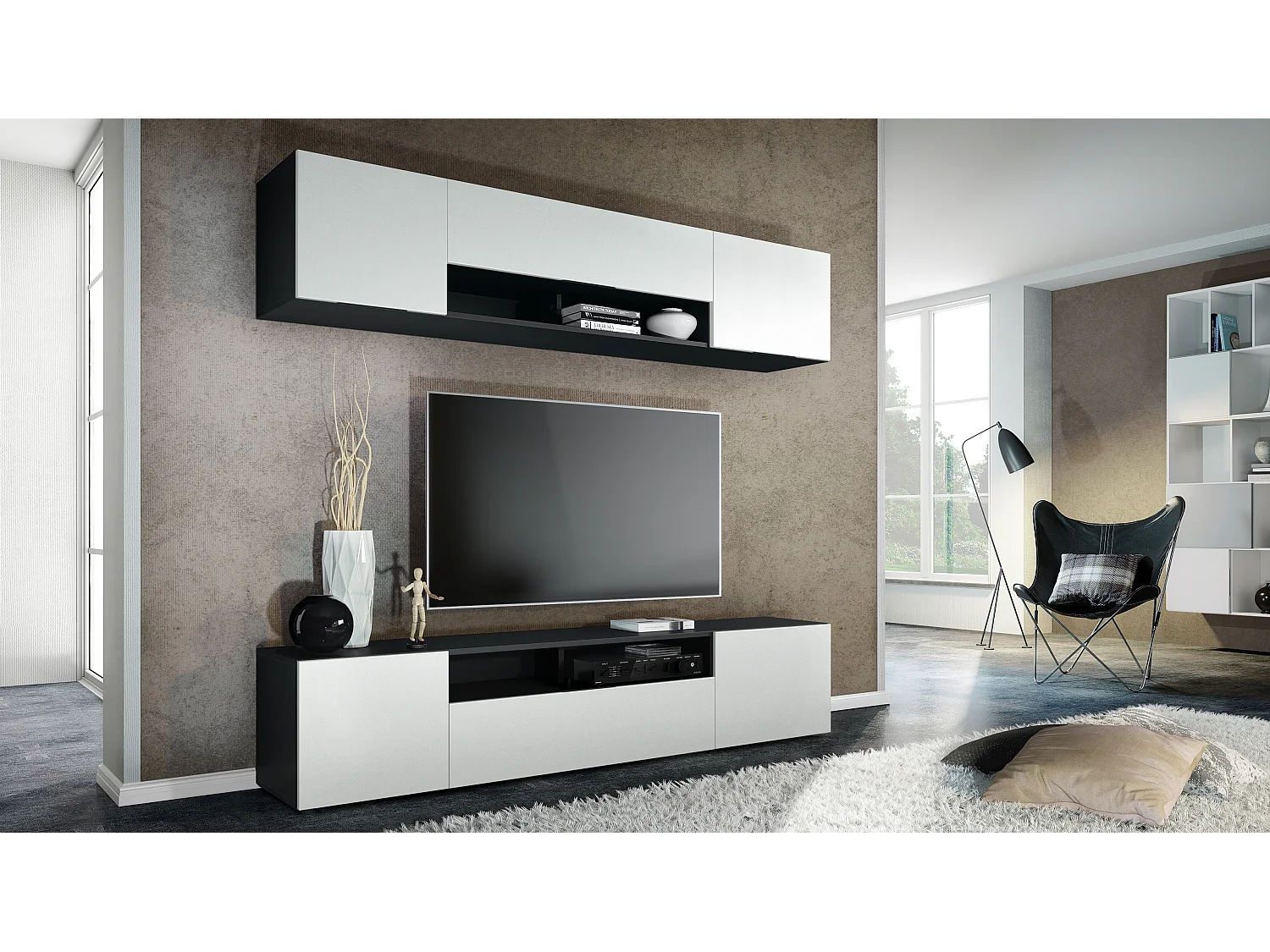 Vladon parete vivente Mogan, nero opaco/bianco opaco - Moderno pensile composto da 2 ripiani per TV (181 x 147 x 35 cm)