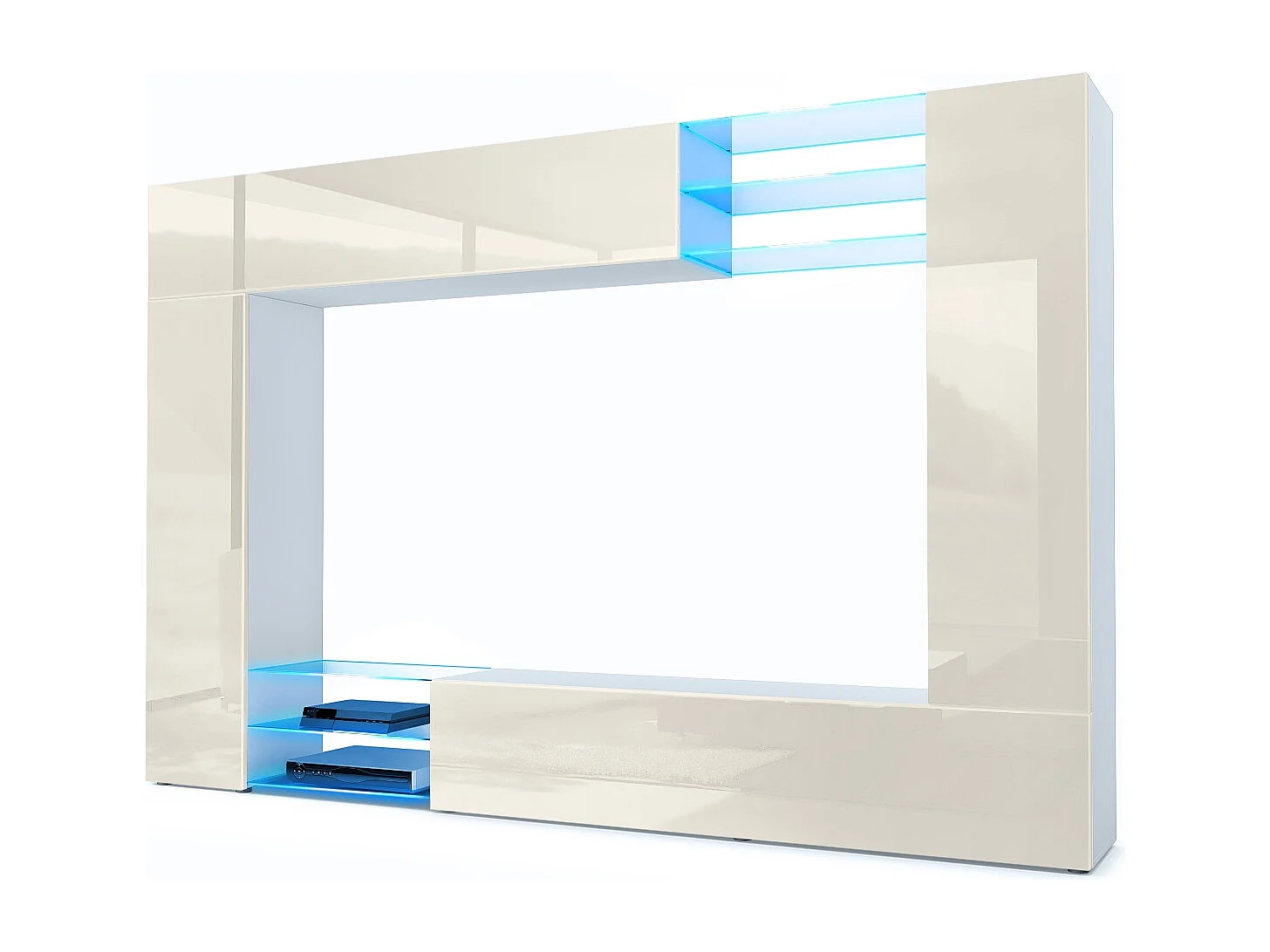 Meuble TV mural Mirage, Ensemble étagère TV et 2 portes, 2 clapets et 6 étagères en verre, Blanc mat/Crème brillant, éclairage LED inclus (262 x 183 x 39 cm)